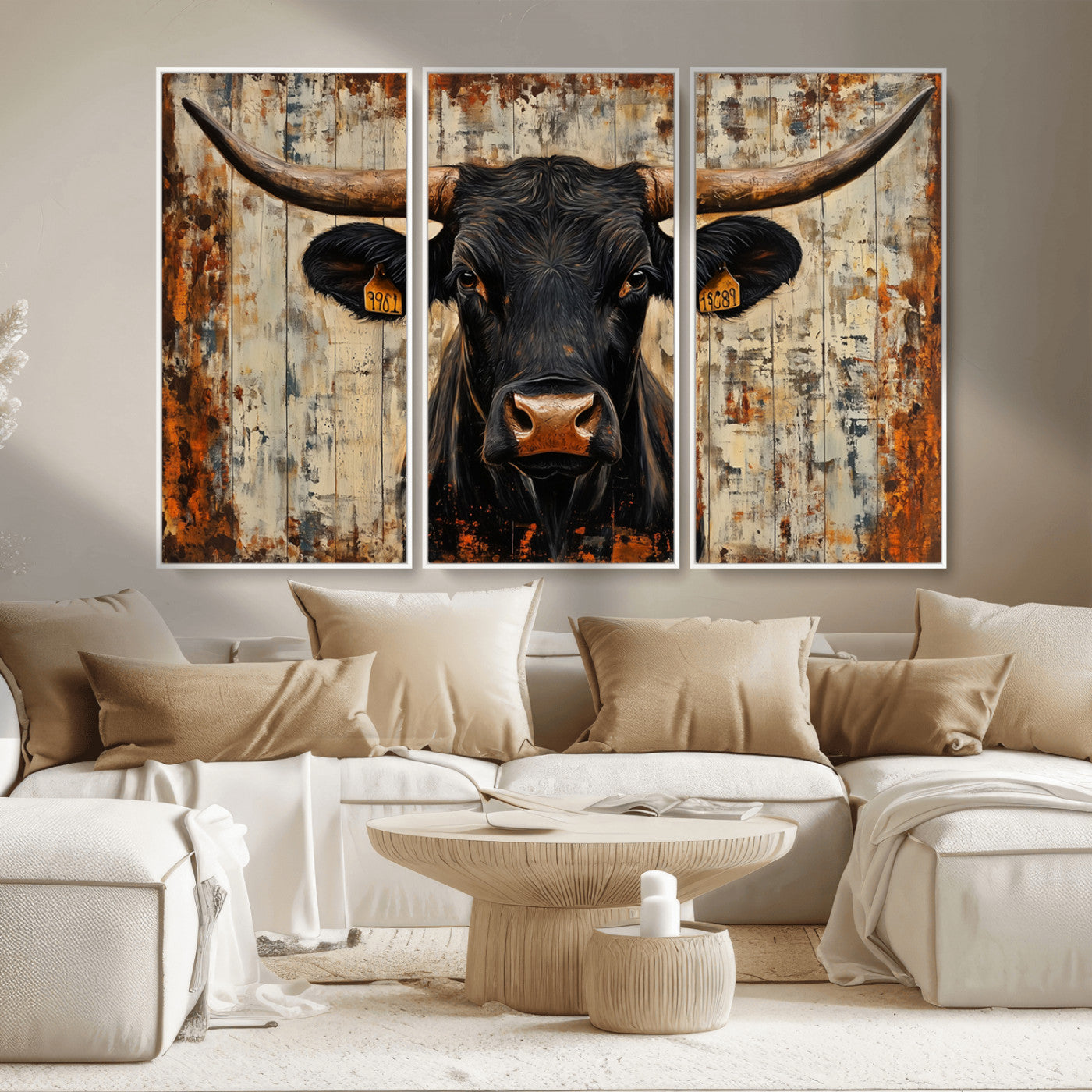 MGV-FC-48X32-3P - Rustic Texas Artwork Wall Art Canvas Print - Abstract Cow Longhorn Bull Wall Art Canvas Print