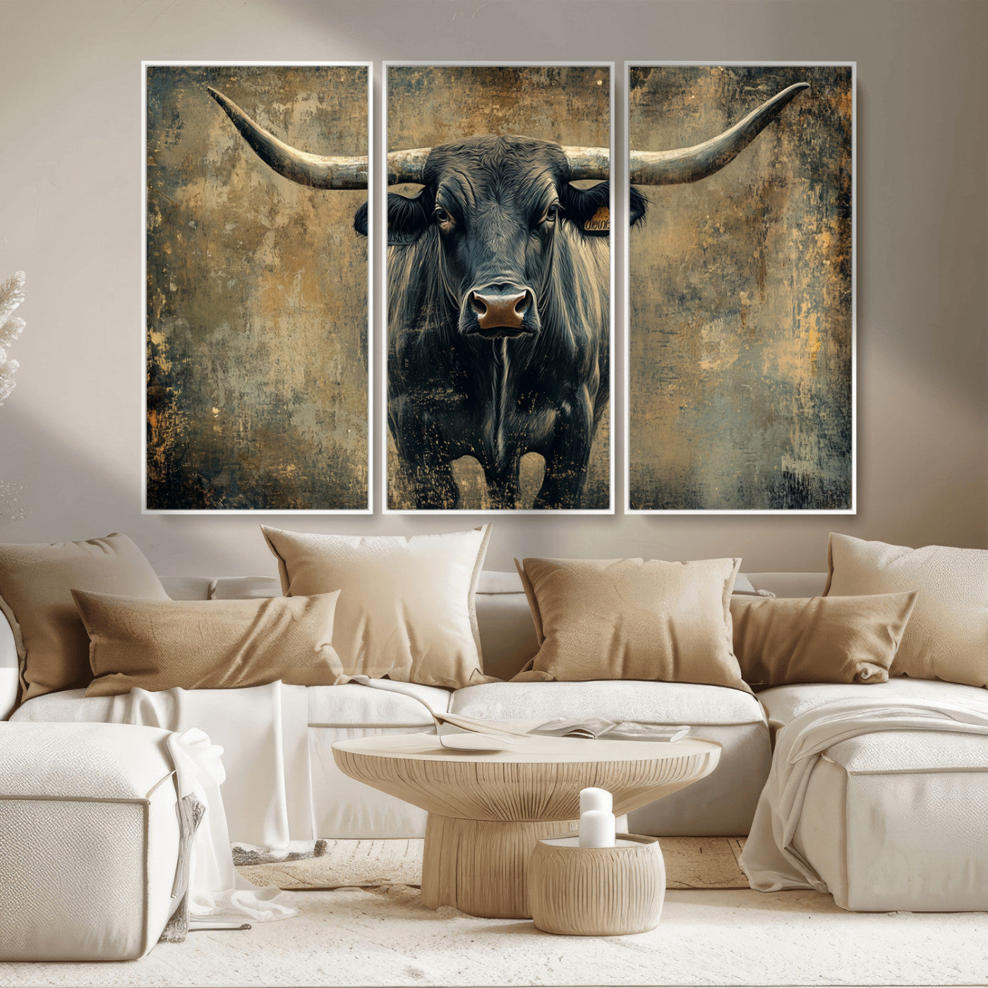 MGV-FC-48X32-3P - Longhorn Bull Wall Art Canvas Print, Framed Rustic Cow Art Picture Print, Texas Longhorn Perfect Western Decor Artwork