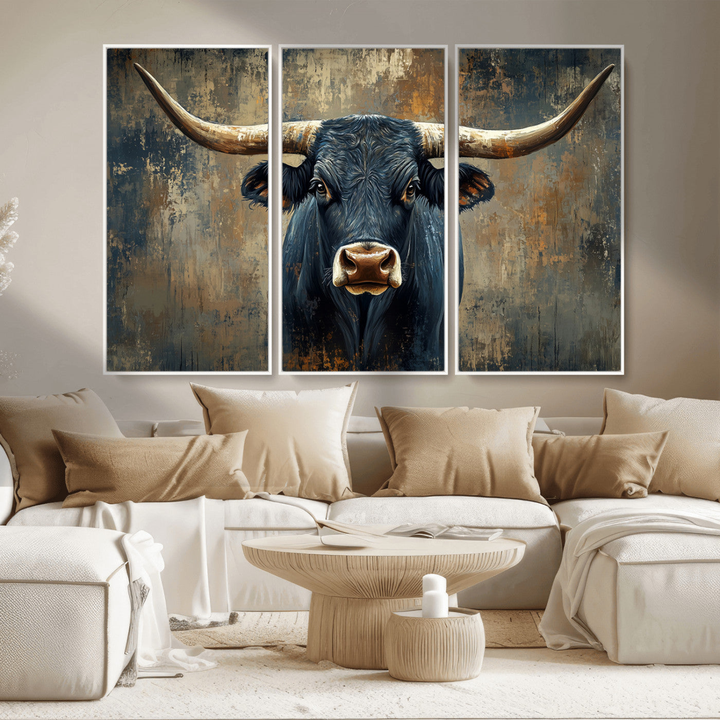 MGV-FC-48X32-3P - Texas Western Wall Art Canvas Print - Abstract Cow Longhorn Bull Wall Art Canvas Print - Rustic Cow
