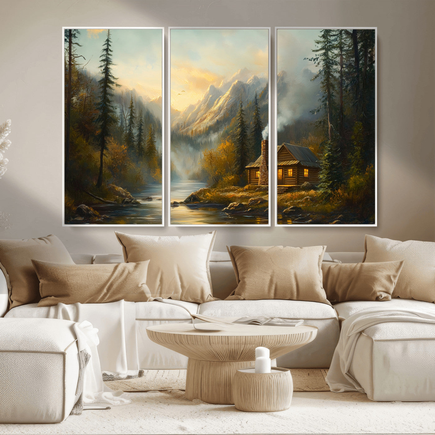 MGV-FC-48X32-3P - Wood Cabin Retreat Mountain at Sunset Wall Art Print - Serene Forest and River Landscape Wall Art