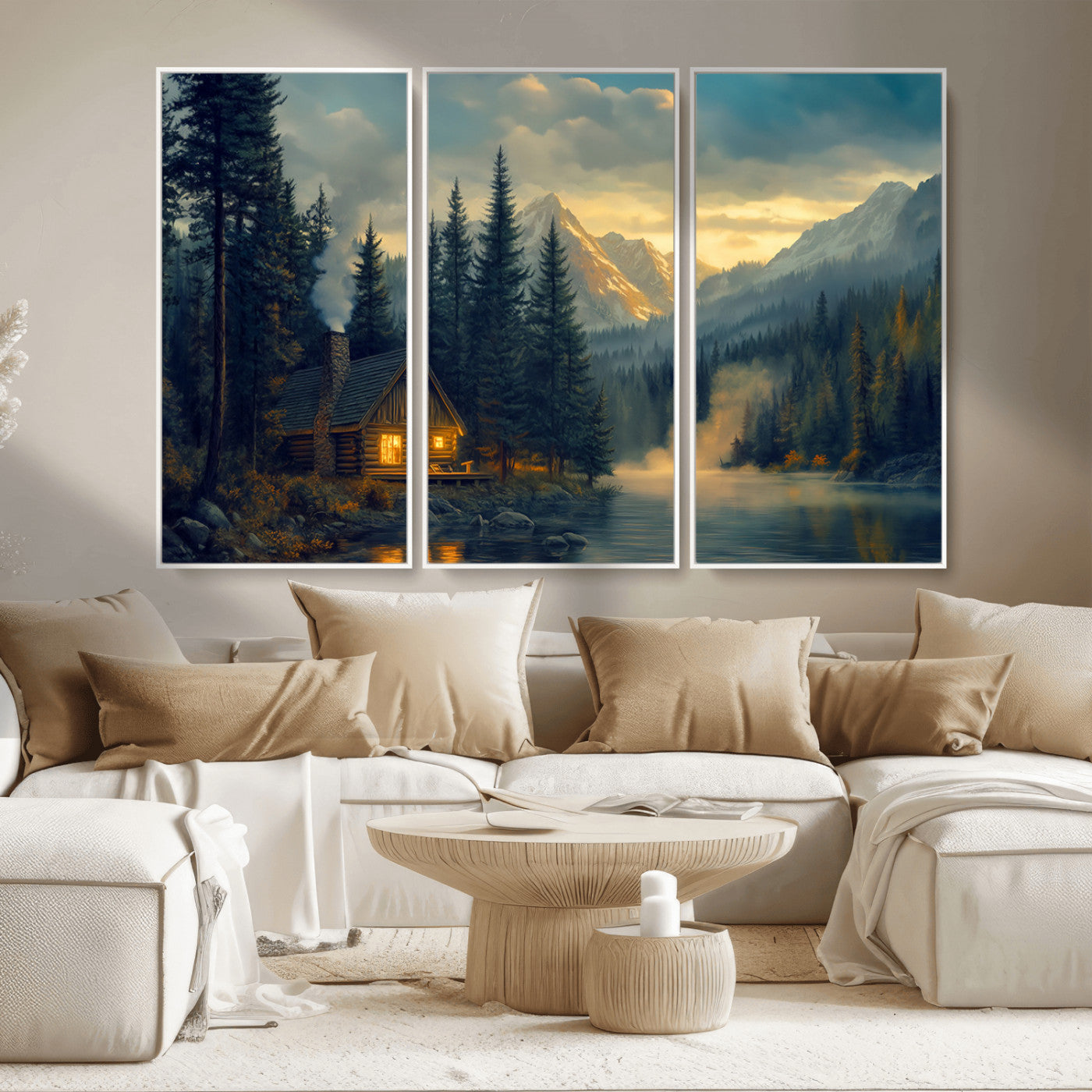 MGV-FC-48X32-3P - Mountain Cabin by the Lake at Sunset Wall Art - Serene Nature Canvas Print for Living Room Decor,
