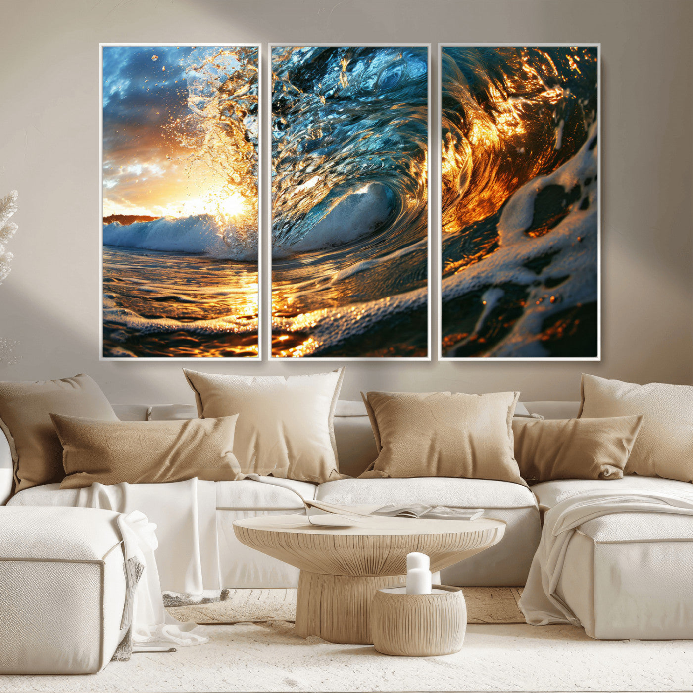 MGV-FC-48X32-3P - Ocean Wave at Sunset Canvas Wall Art – Vibrant Coastal Beach Waves Print, Large Nautical Decor,