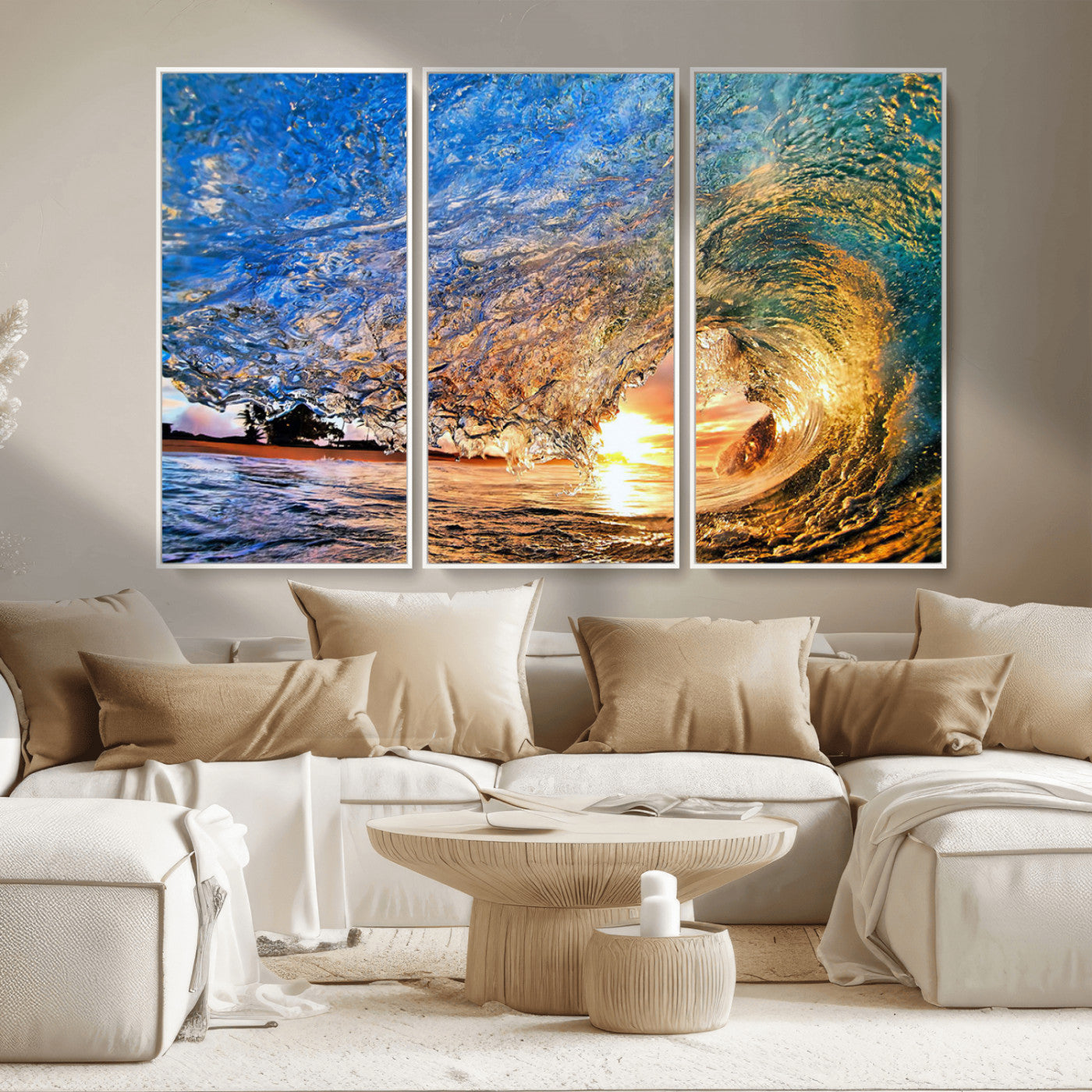 MGV-FC-48X32-3P - Ocean Wave at Sunset Canvas Wall Art – Vibrant Coastal Beach Waves Print, Large Nautical Decor,