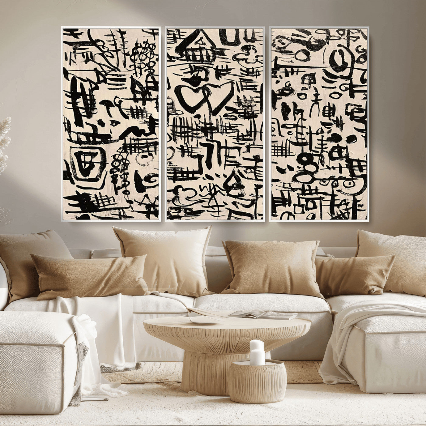 68273-MGV-FC-48X32-3P - Abstract Love and Chaos Canvas Print, Black Symbols on Beige