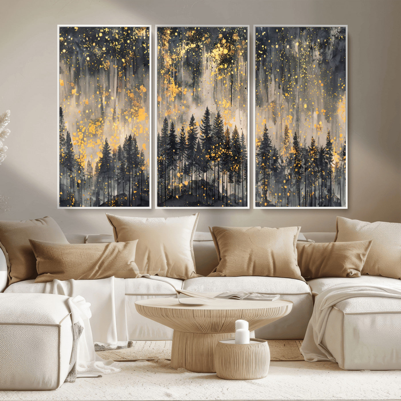 MGV-FC-48X32-3P - Golden Forest Abstract Wall Art | Dark Forest with Gold Splatter Accents | Triptych Ready to Hang