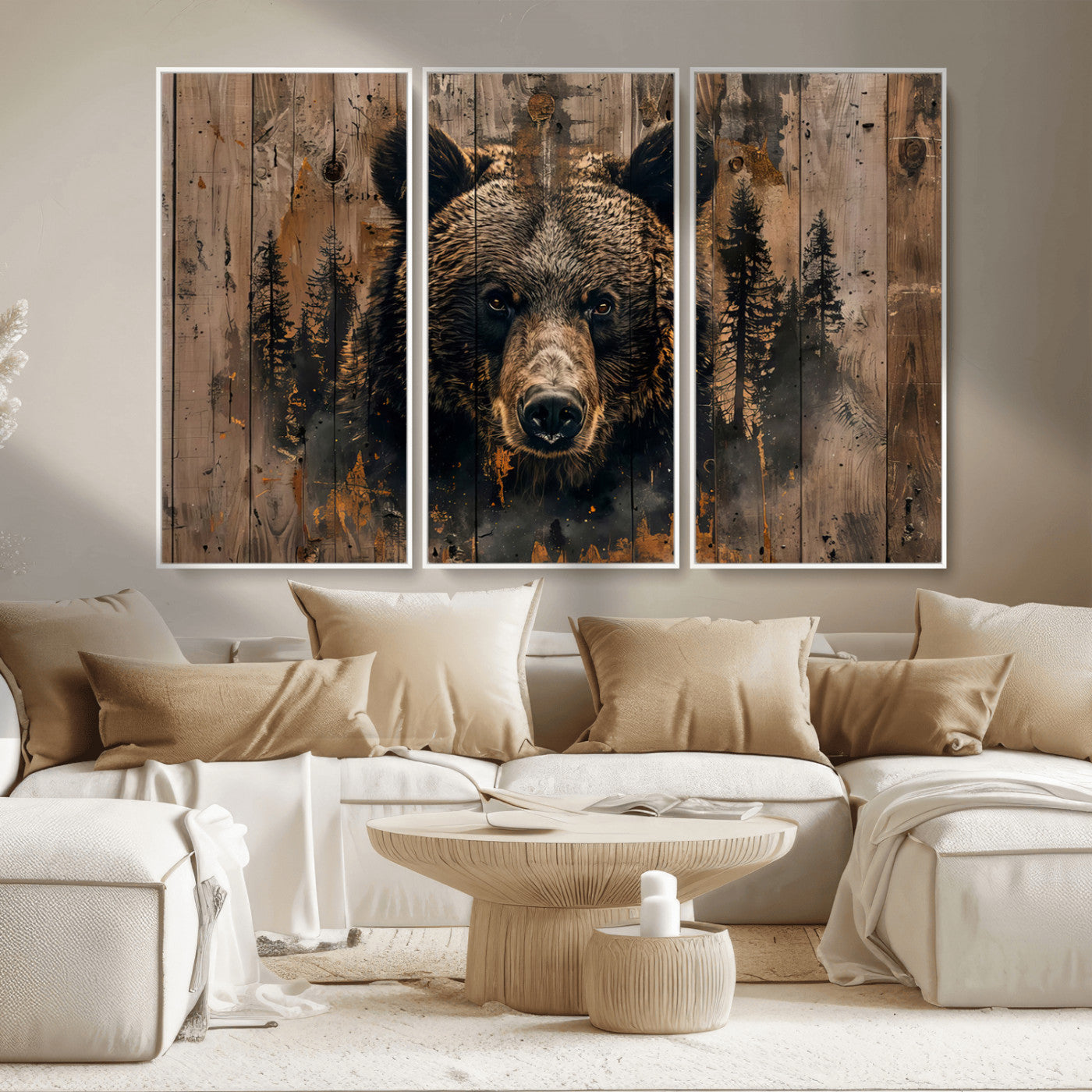 MGV-FC-48X32-3P - Rustic Grizzly 399 Wall Art | Triptych Canvas Print | Rustic Cabin Wall Decor | Perfect for