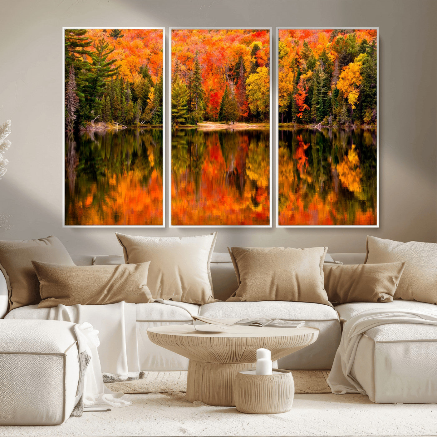 MGV-FC-48X32-3P - Forest Reflection Art | Autumn Forest Reflection Wall Art | Triptych Canvas Print | Vibrant Fall