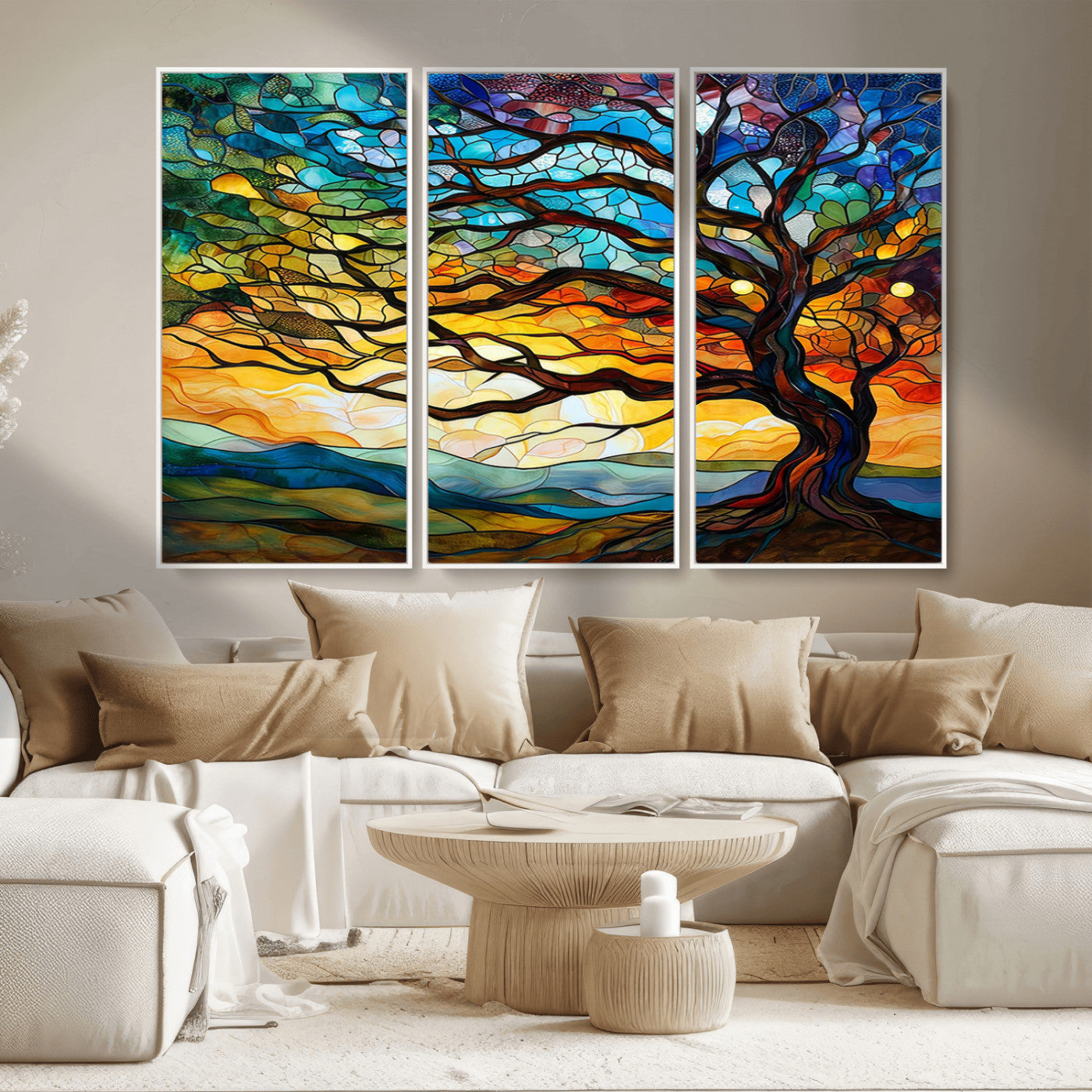 MGV-FC-48X32-3P - Vibrant Mosaic Tree of Life Wall Art | Stained Glass Style Canvas Print | Ready to Hang Artistic