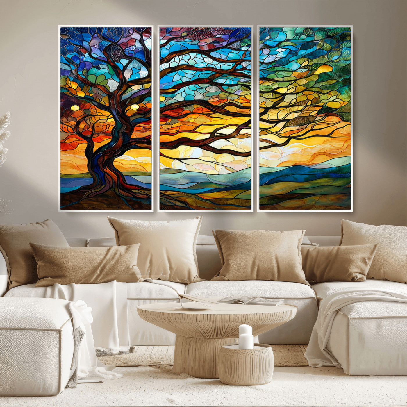MGV-FC-48X32-3P - Mosaic Tree Wall Art | Ready to Hang Stained Glass Style Canvas Print | Farmhouse Wall Decor, Cabin