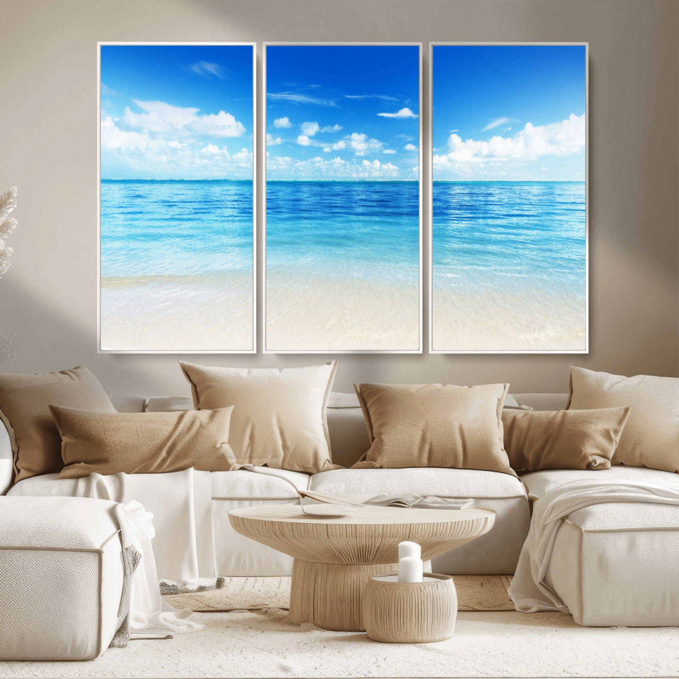 MGV-FC-48X32-3P - Beach Scene Canvas Wall Art Print – Tranquil Ocean Horizon and White Sand Beach Wall Decor for Home