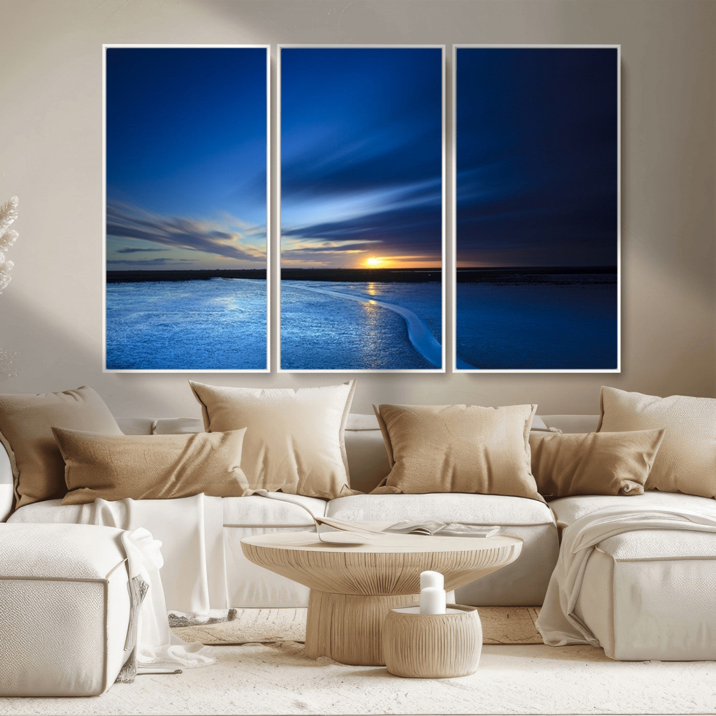 MGV-FC-48X32-3P - Blue Sunset Ocean Canvas Wall Art Print – Serene Coastal Horizon Wall Decor for Home or Office –