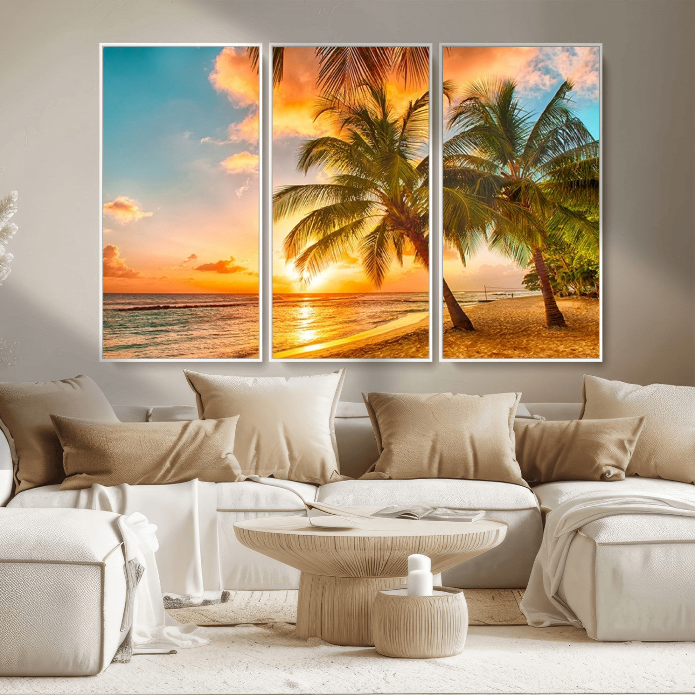 MGV-FC-48X32-3P - Tropical Sunset Beach Canvas Wall Art Print – Vibrant Palm Trees and Coastal Sunset Wall Decor for
