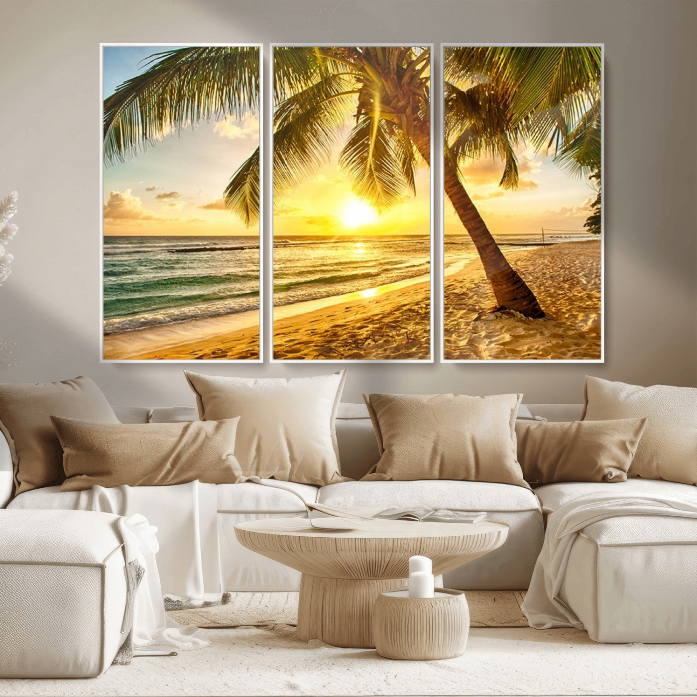 MGV-FC-48X32-3P - Beach Sunset Canvas Wall Art Print - Tropical Beach Canvas Wall Art Print – Vibrant Palm Trees and