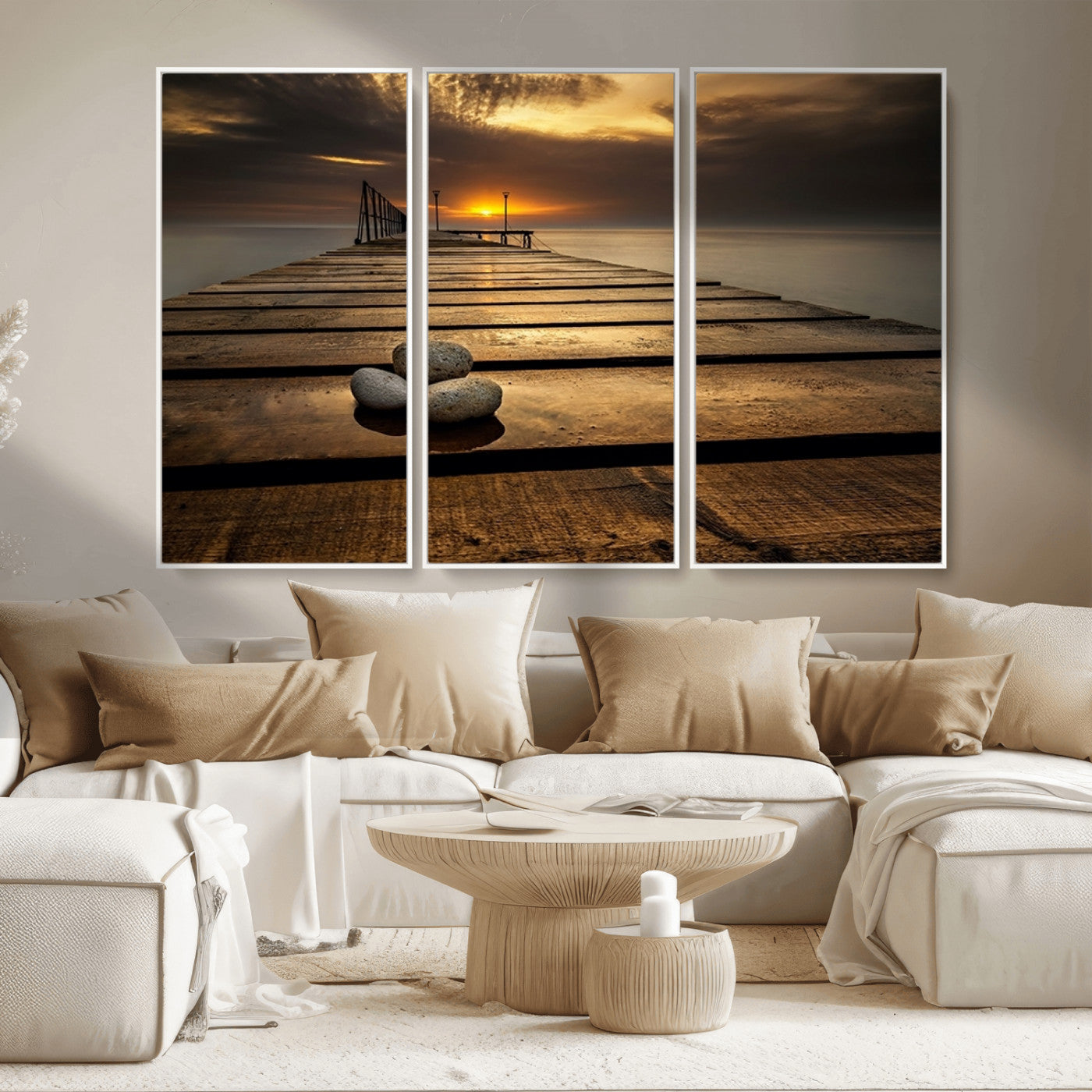 MGV-FC-48X32-3P - Stones on Wooden Pier at Sunset Canvas Print, Serene Coastal Wall Art, Beach Sunset Photography,