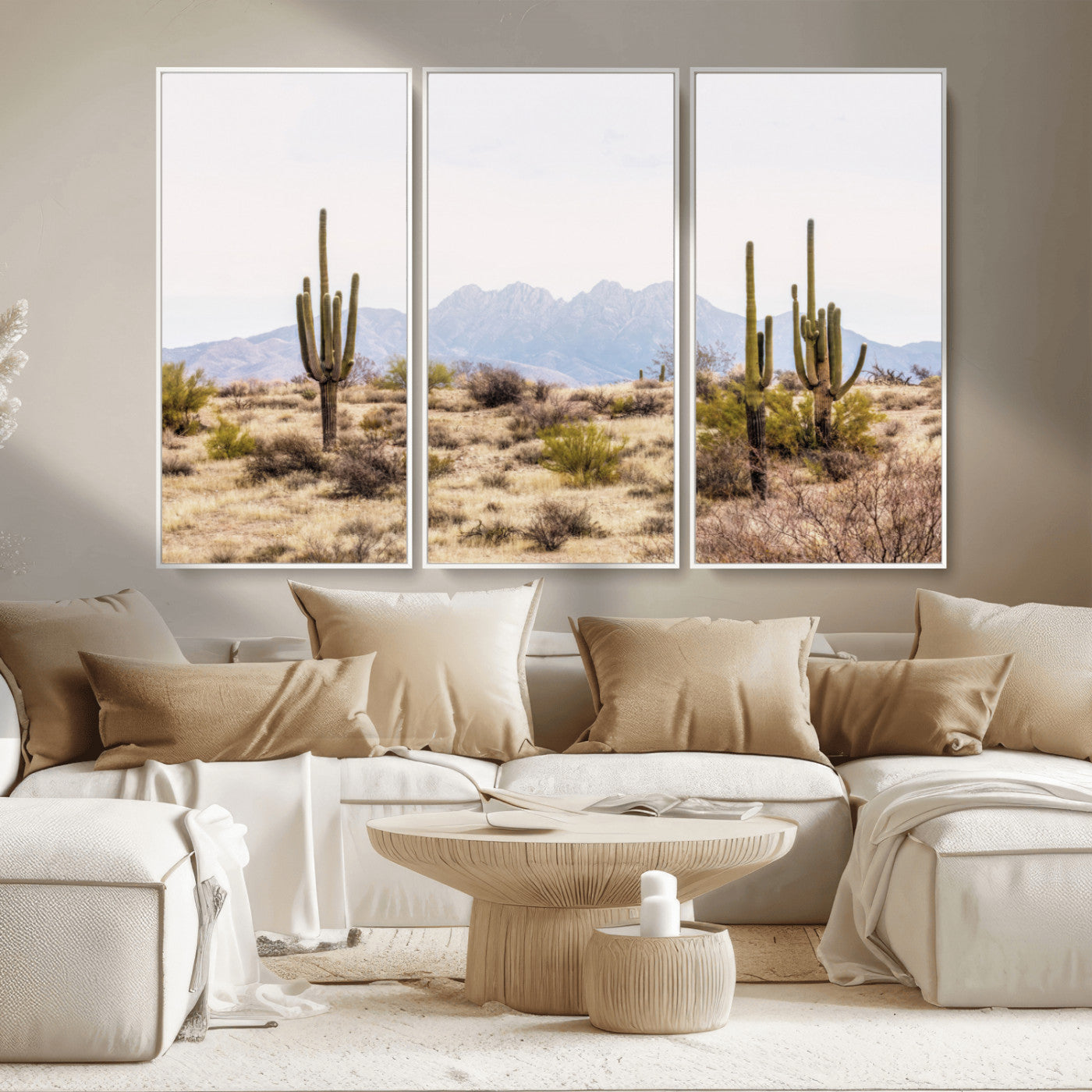 -Desert Cactus Canvas Wall Art – Serene Southwestern Arizona Landscape with Majestic Mountains -