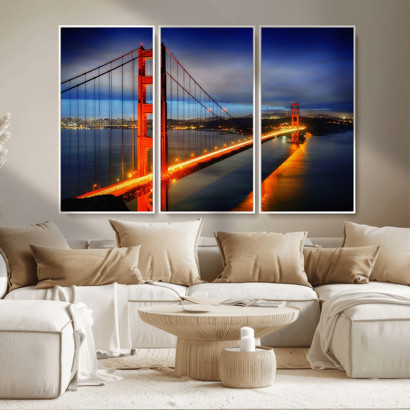 MGV-FC-48X32-3P - Large Wall Art San Francisco Canvas Print - Wonderful Golden Gate Bridge at Twilight