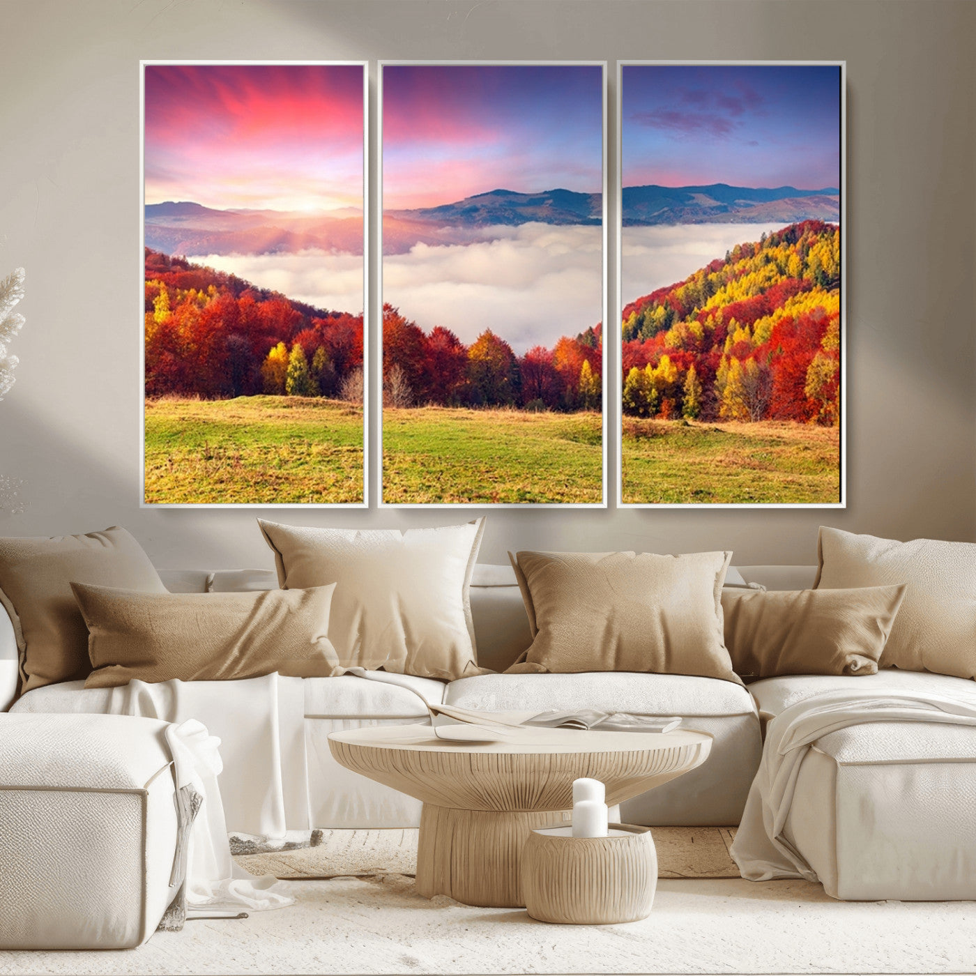 MGV-FC-48X32-3P - Autumn Mountain Foggy Landscape Wall Art Canvas Print | Beautiful Forest Canvas Print | Misty