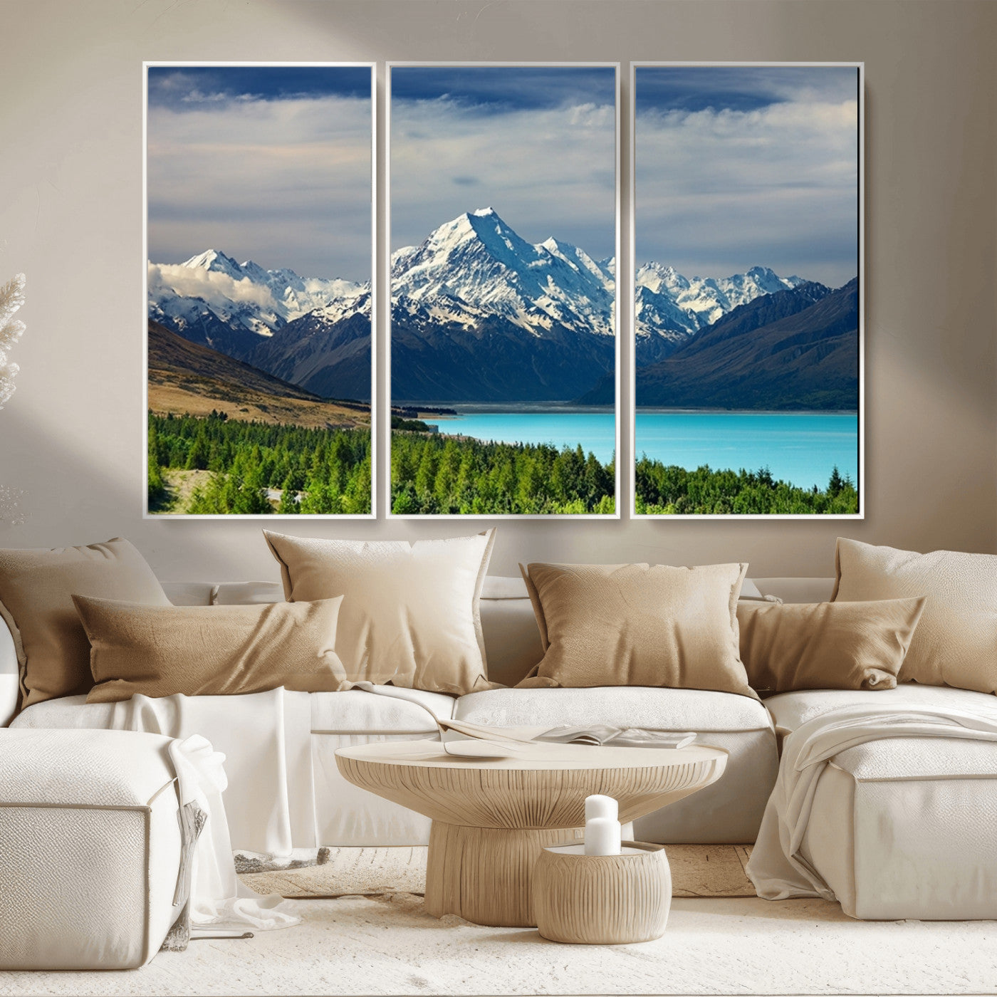 MGV-FC-48X32-3P - Mount Cook and Lake Pukaki Canvas Wall Art Print – Majestic Snow-Capped Peaks and Serene Lake Wall