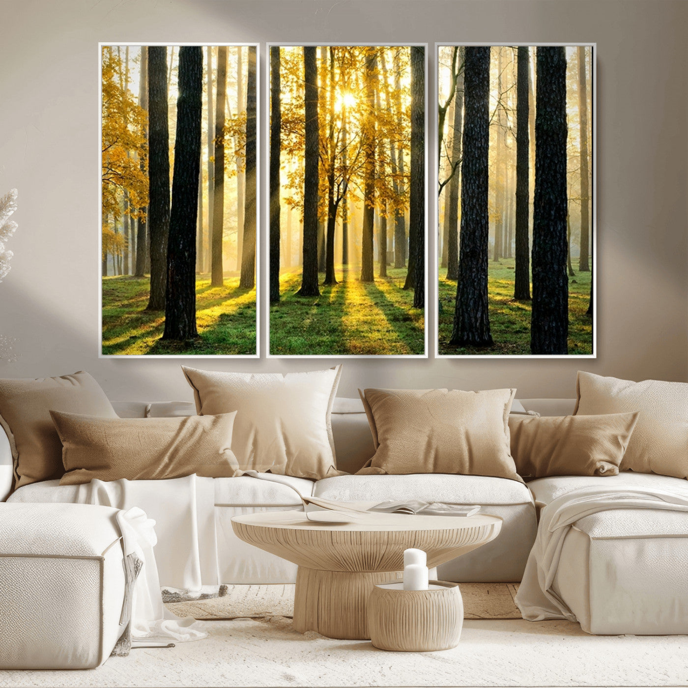 MGV-FC-48X32-3P - Sunlit Forest Canvas Wall Art – Serene Woodland Triptych Landscape Print – Nature-Inspired Decor for
