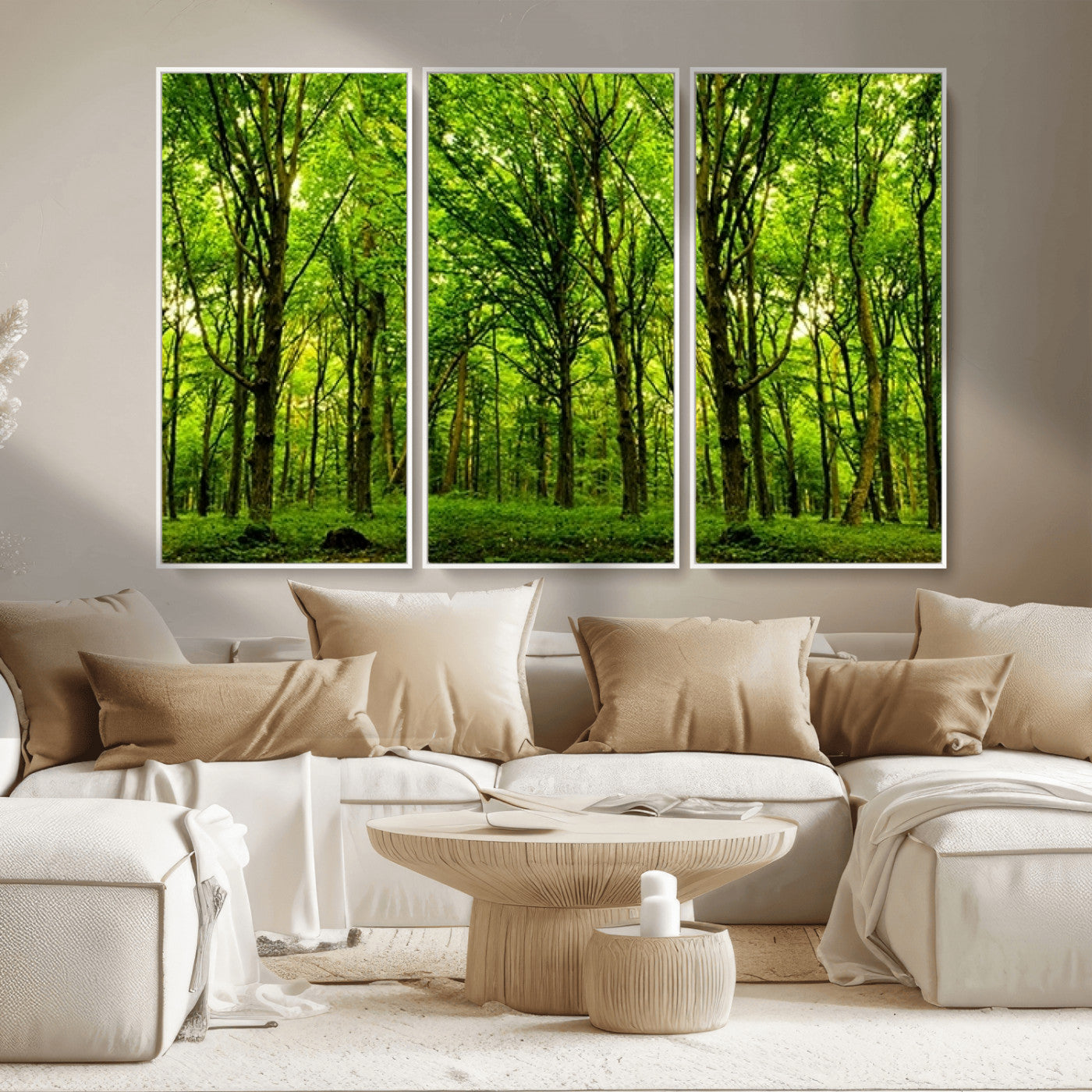 MGV-FC-48X32-3P - Lush Green Forest Canvas Print | 3-Panel Forest Wall Art | Nature Landscape for Living Room