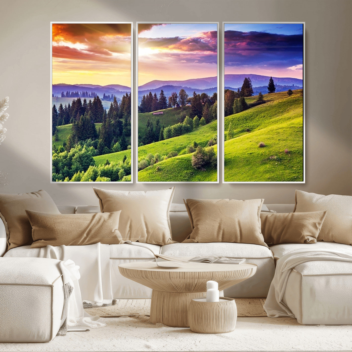 MGV-FC-48X32-3P - Green Hills and Sunset Wall Art Print - Scenic Landscape with Lush Greenery and Vibrant Sky, Ready