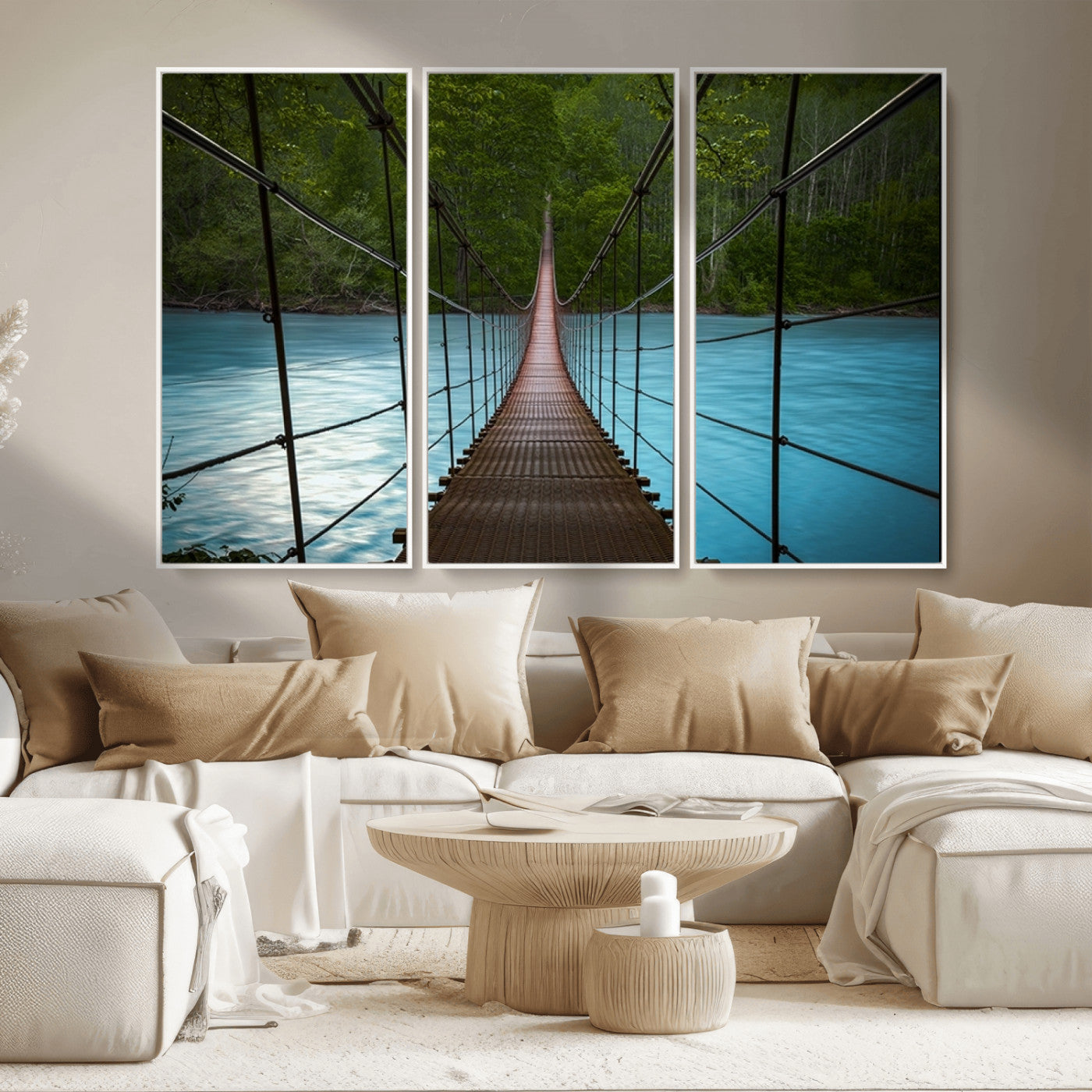MGV-FC-48X32-3P - Suspension Bridge Over River Canvas Art | 3-Panel Nature Photography | Scenic Wall Art for Living