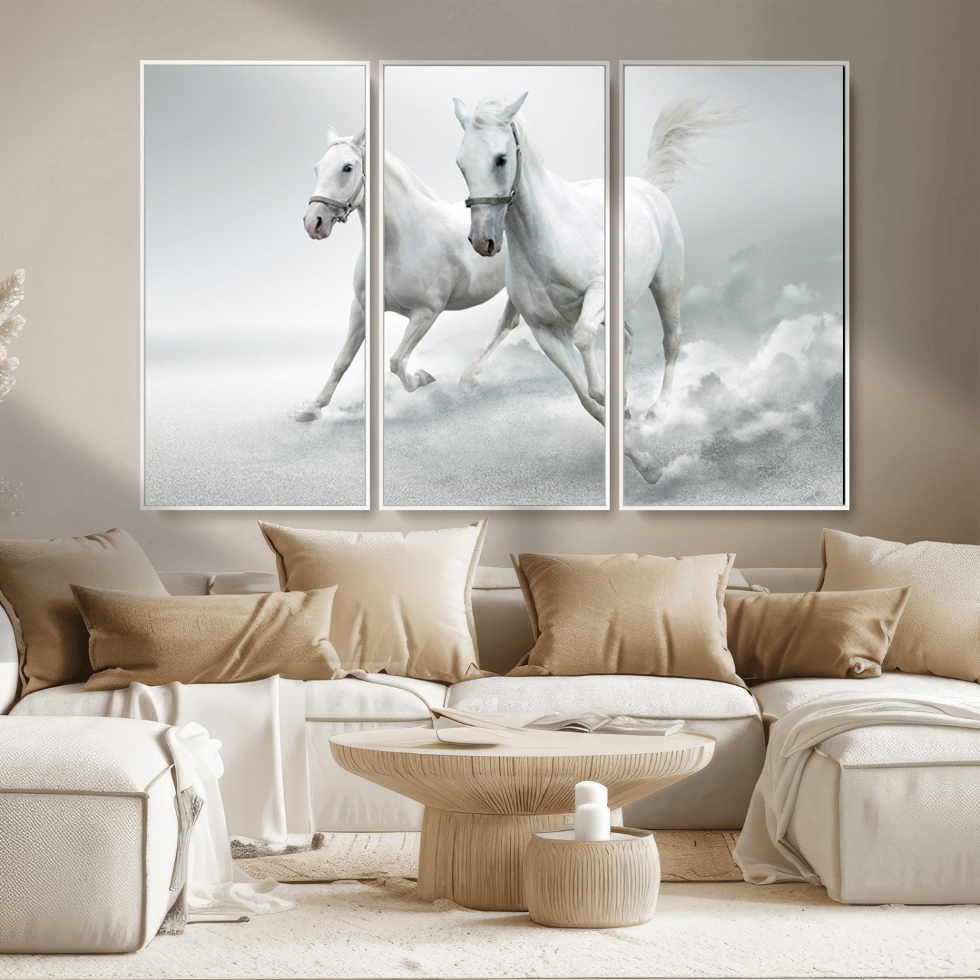 MGV-FC-48X32-3P - Large Wall Art Animal Canvas Print - Beautiful Running White Horses