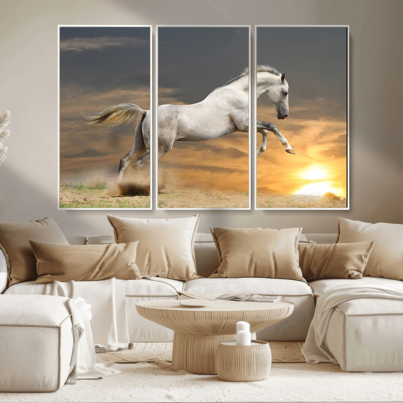 MGV-FC-48X32-3P - Large Wall Art Animal Canvas Print - White Jumping Horse at Sunset