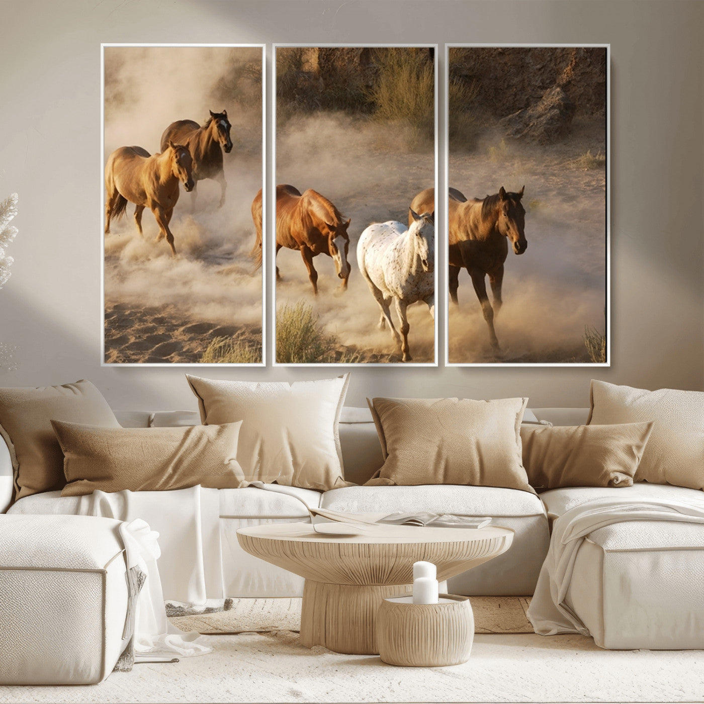 MGV-FC-48X32-3P - Large Wall Art 5 Horses Running on Sand Canvas Print