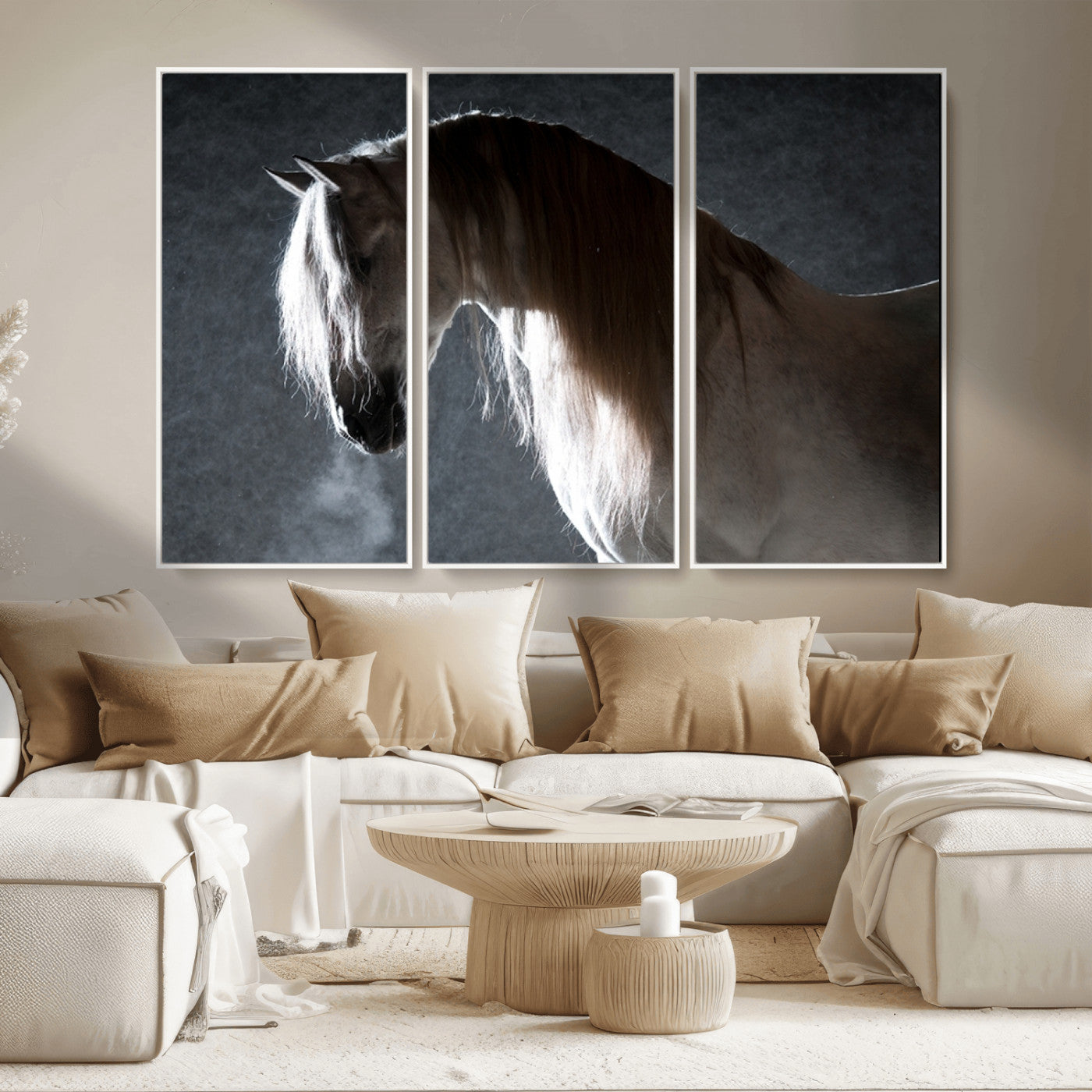 MGV-FC-48X32-3P - Large Wall Art Cream Colored Horse on Grey Background Canvas Print