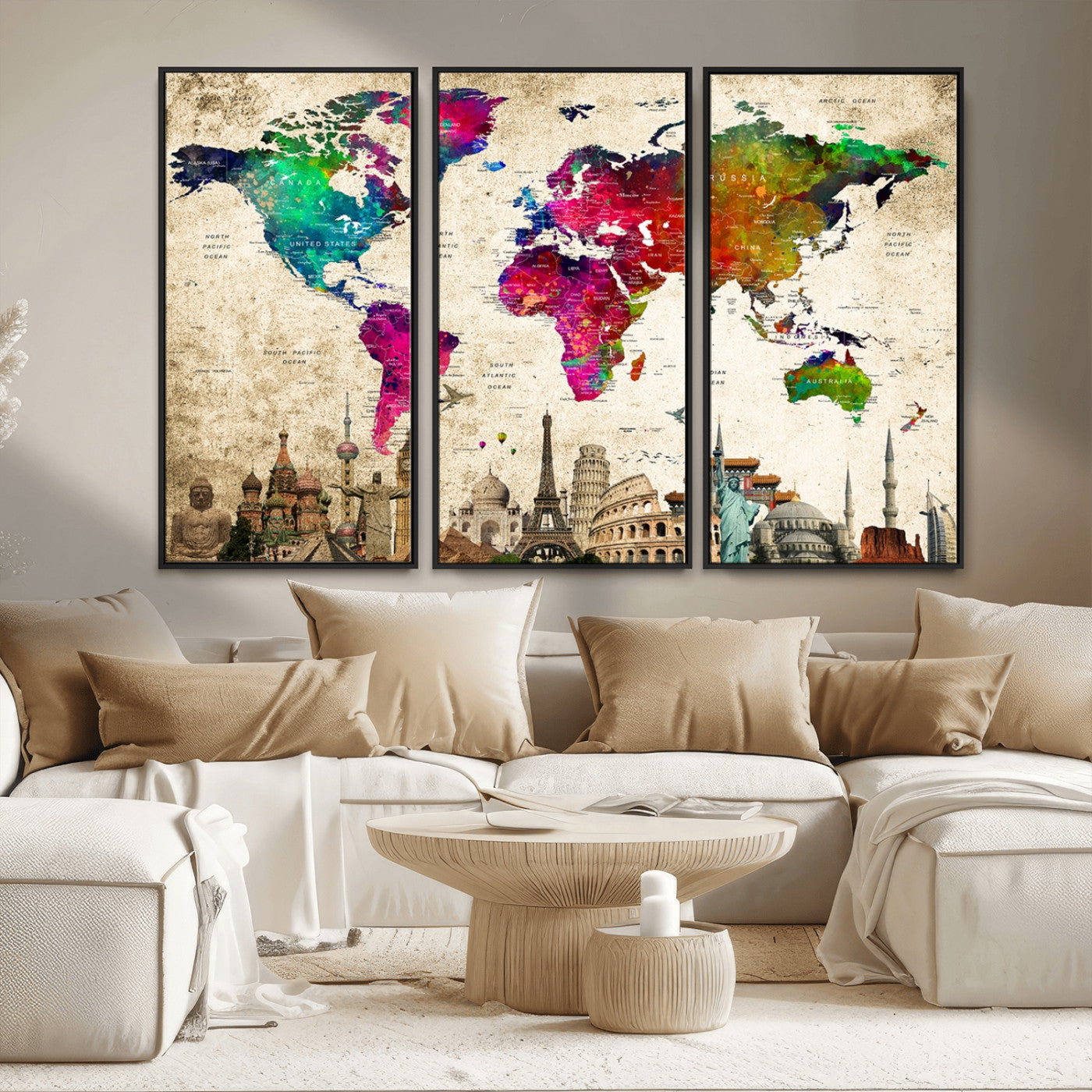 MGV-FC-48X32-3P - Push Pin World Map Canvas Print – Framed Wall Art for Couples to Track Their Travels – Anniversary