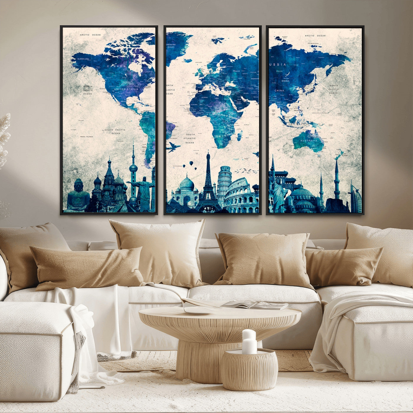 MGV-FC-48X32-3P - Navy Blue World Map Canvas Print, Wonder of World Map Push Pin Canvas Print