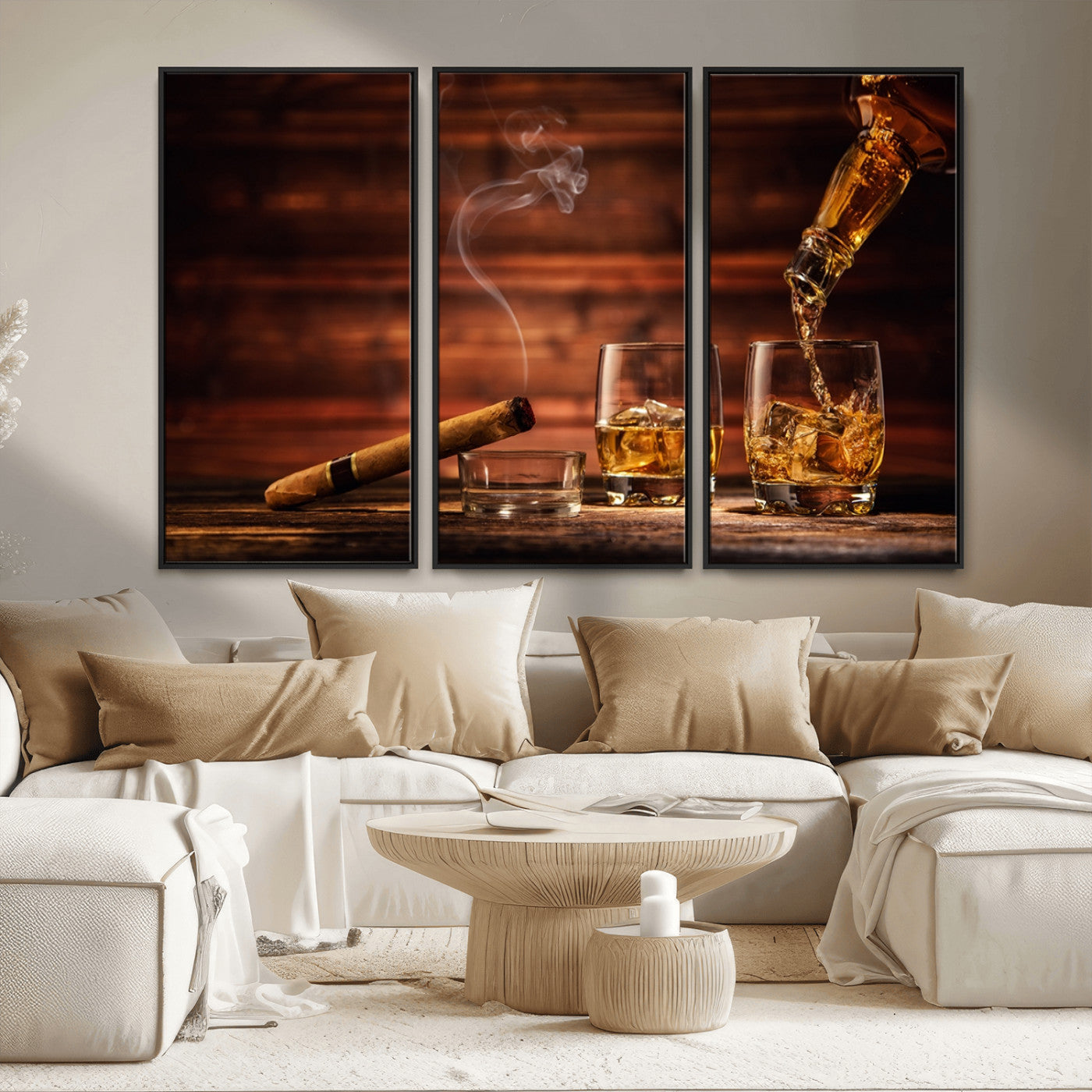 MGV-FC-48X32-3P - Whiskey and Cigar Wall Art Canvas | 3 Panel Bar Room Decor for Home Lounge, Office, or Man Cave |