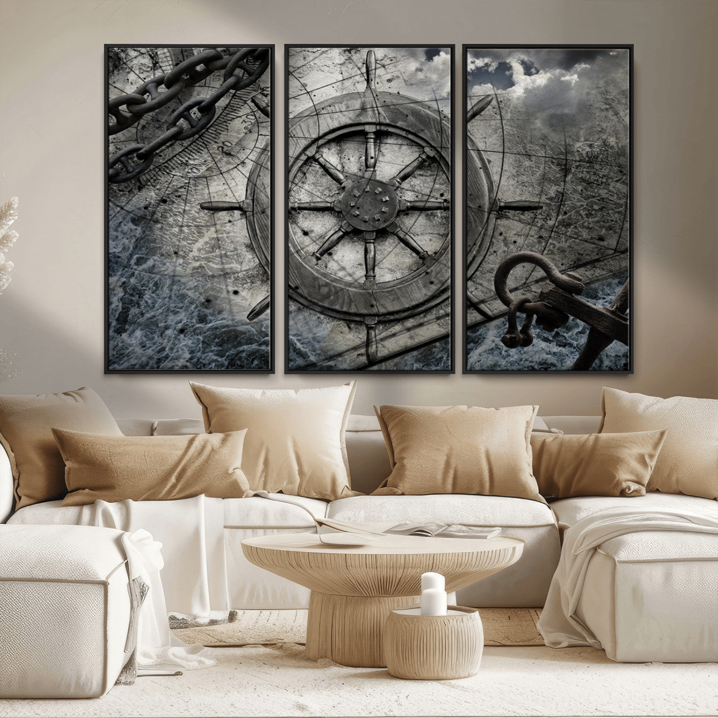 MGV-FC-48X32-3P - Ship Steering Wheel Vintage Wall Art Canvas Print