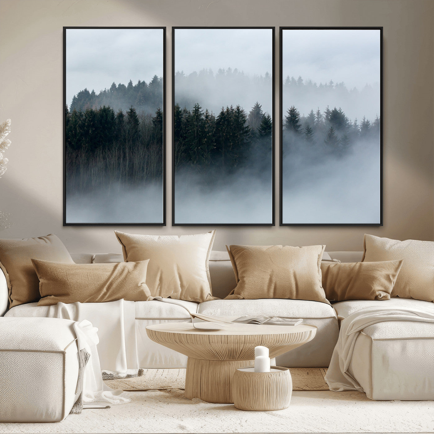 MGV-FC-48X32-3P - Autumn and Misty Trees in the Forest Wall Art Canvas Print, Foggy Forest Mountain Wall Art Canvas
