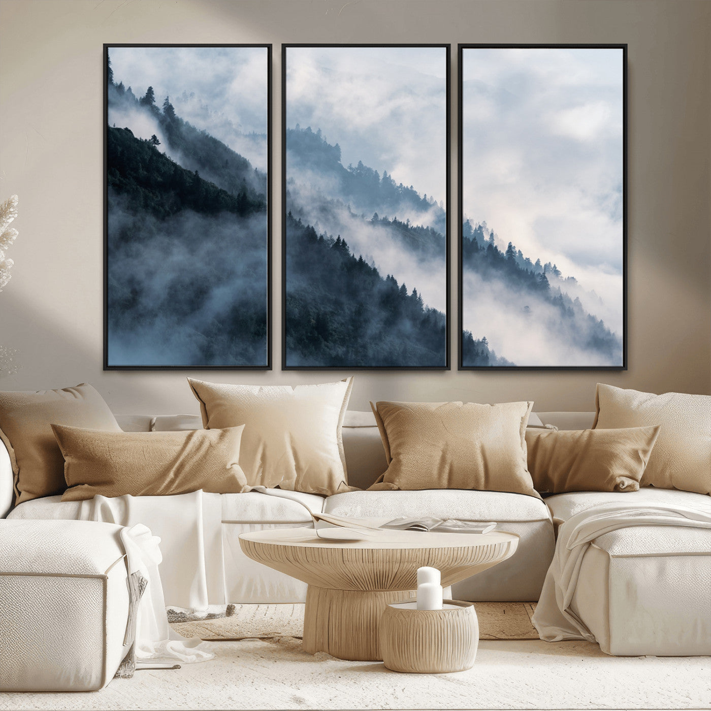 MGV-FC-48X32-3P - Foggy Forest Wall Art Canvas Print – Misty Mountain Landscape Decor – Ready to Hang Nature-Inspired