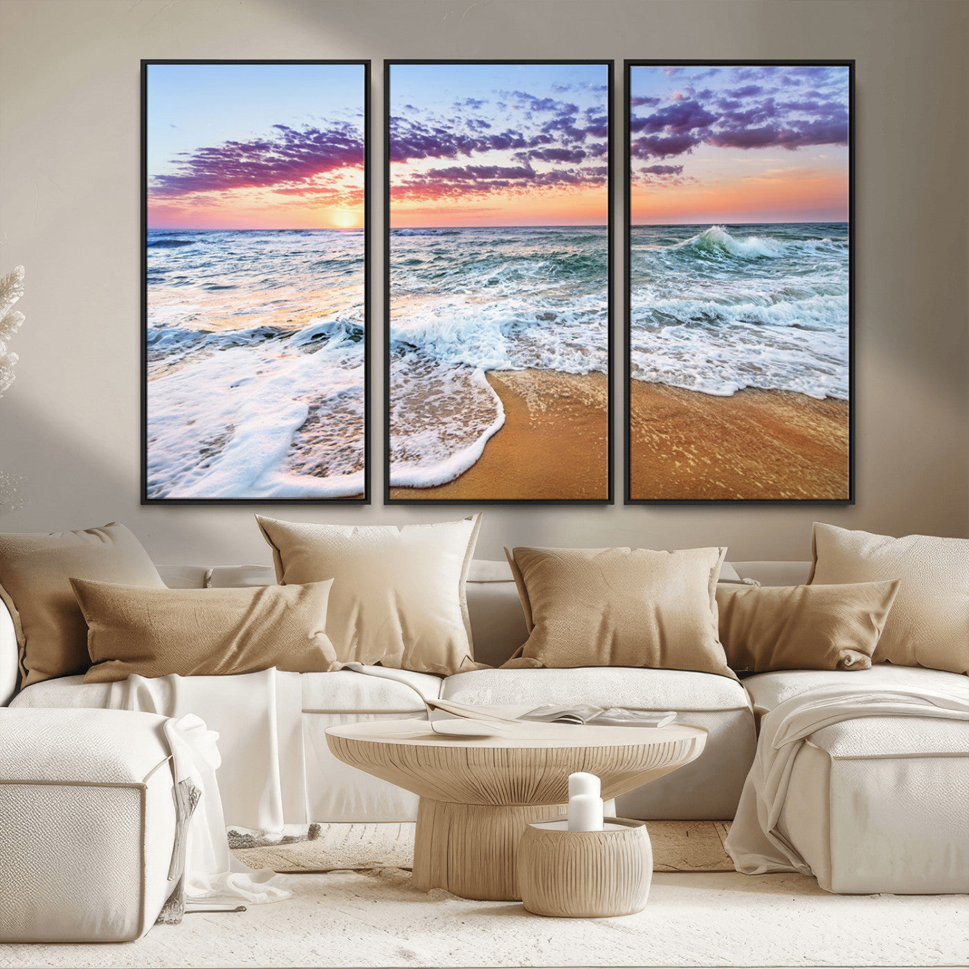 MGV-FC-48X32-3P - Coastal Sunset Art Beach Canvas Wall Art Print | Ocean Waves Wall Art | Large 3-Panel Seascape for
