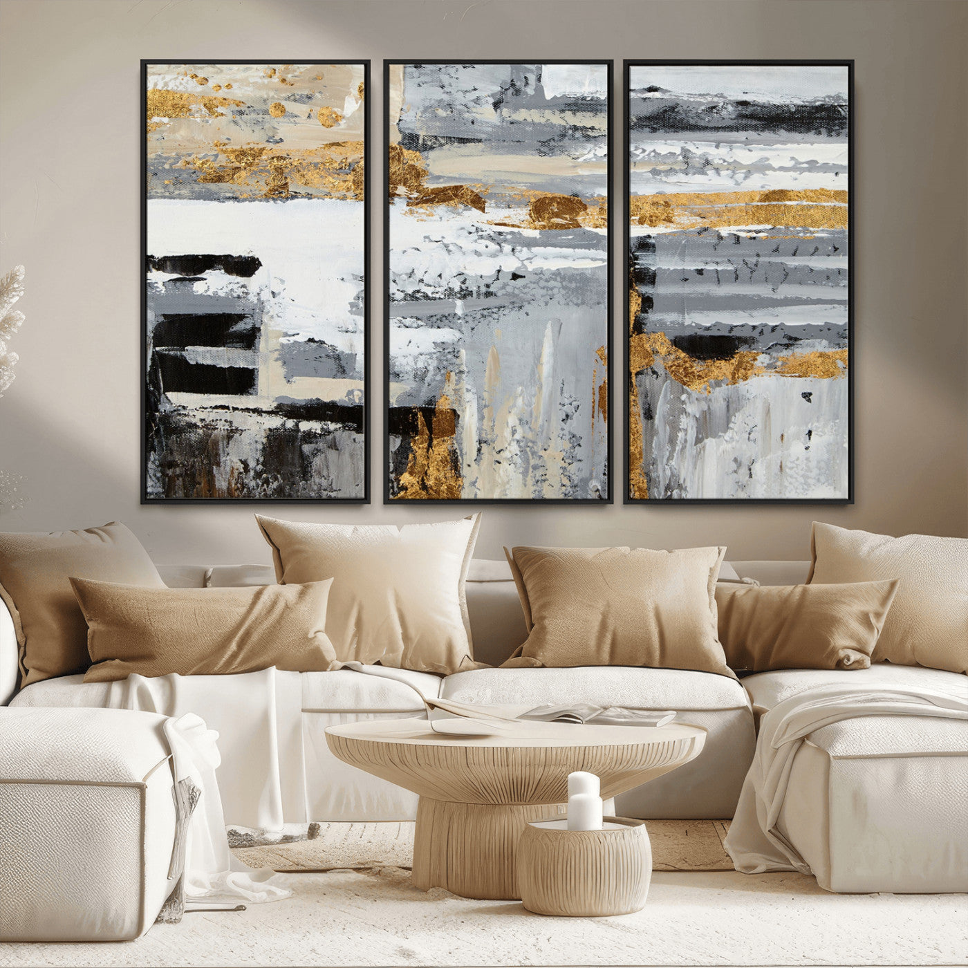 43177-MGV-FC-48X32-3P_Black-Abstract Painting Canvas Wall Art Print Paint Drip Art Brush Strokes Gray Artwork