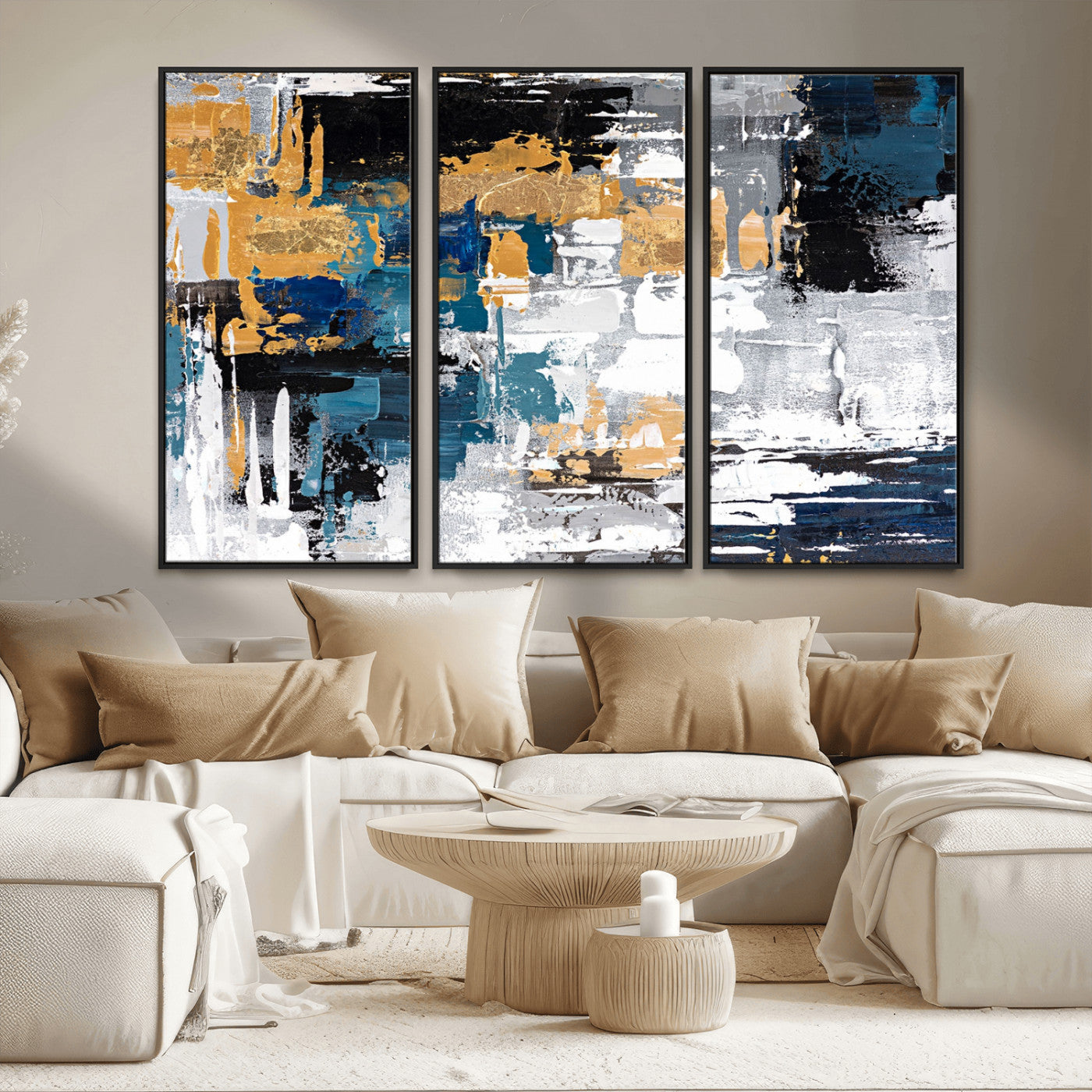57708-MGV-FC-48X32-3P_Black-Blue and Gold Abstract Canvas Wall Art – Triptych Modern Painting for Living Room – Framed and Ready to Hang