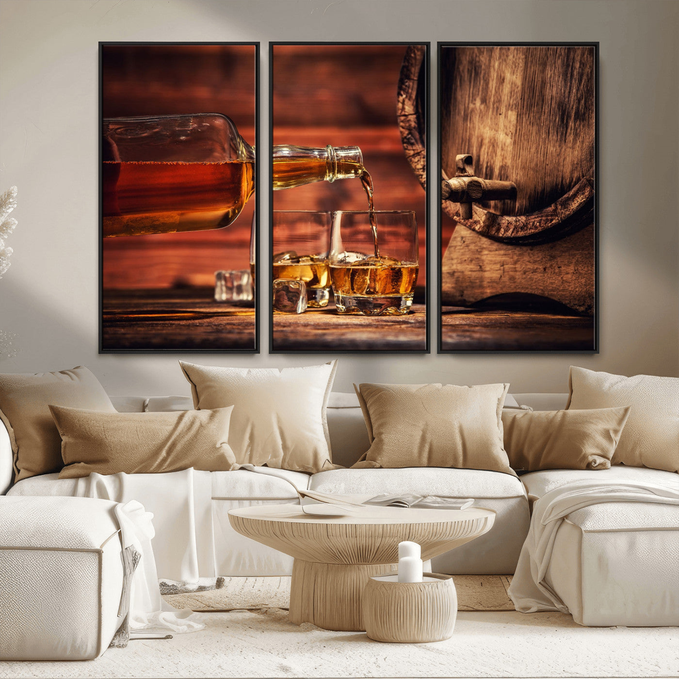 MGV-FC-48X32-3P - Whiskey and Cigar Canvas Wall Art | 3 Panel Bar Room Decor for Home Lounge, Office, or Man Cave |