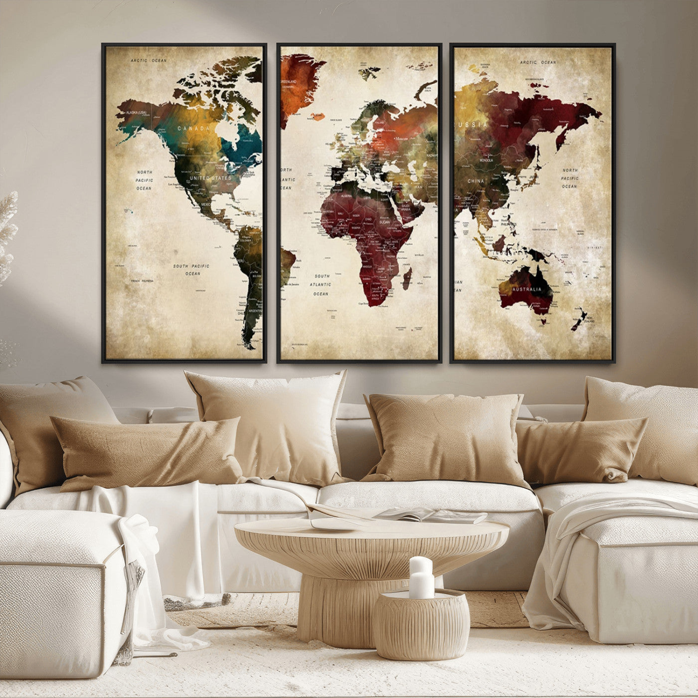 MGV-FC-48X32-3P - Large World Map Wall Art Canvas Print, Framed Push Pin Map Art Picture Print, Abstract Traveller Map Perfect Modern Decor Artwork