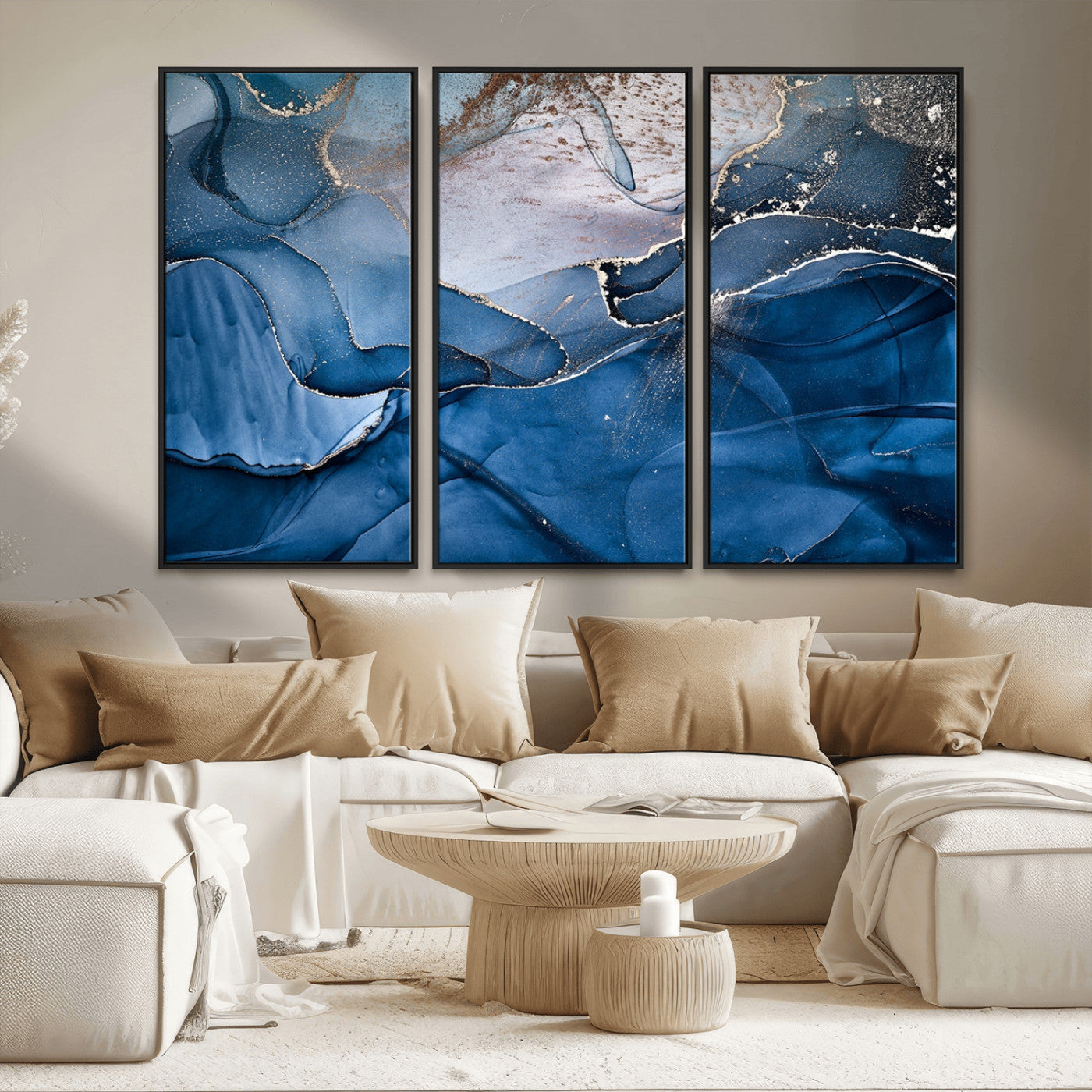 -Navy Blue Canvas Art Abstract Print – Elegant Triptych Modern Art Print – Contemporary Decor for Living Room or Office