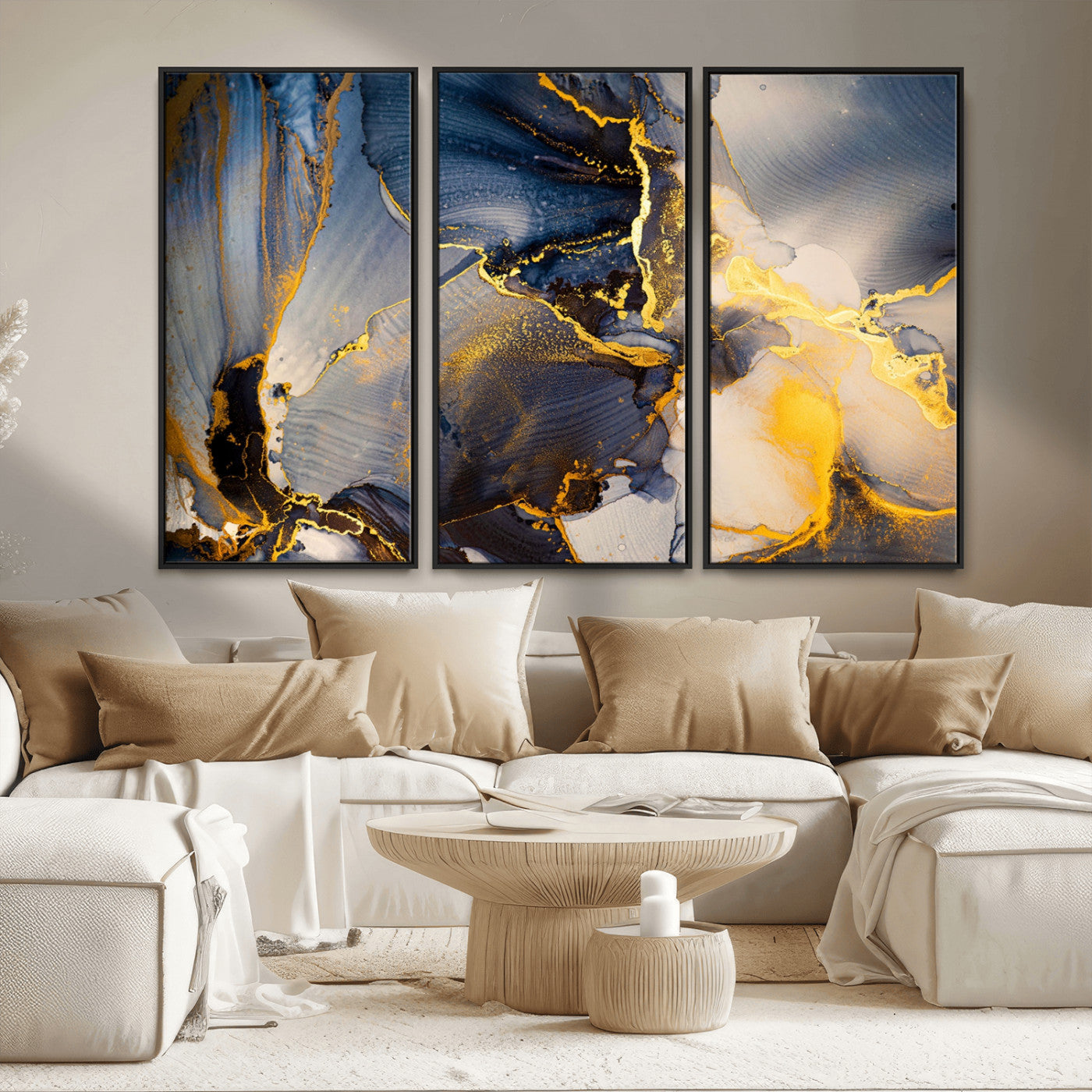 42100-MGV-FC-48X32-3P_Black-Large Abstract Wall Art Print - Gold and Blue Abstract Canvas Wall Art | Fluid Ink Modern Luxury Wall Decor for Living Room Decor