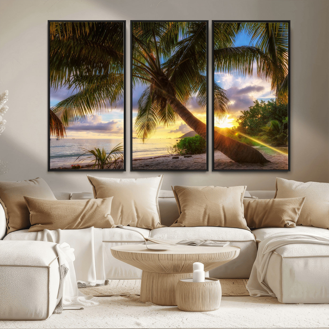 MGV-FC-48X32-3P - Tropical Island Sunset on the Beach Palms Wall Art Canvas Print