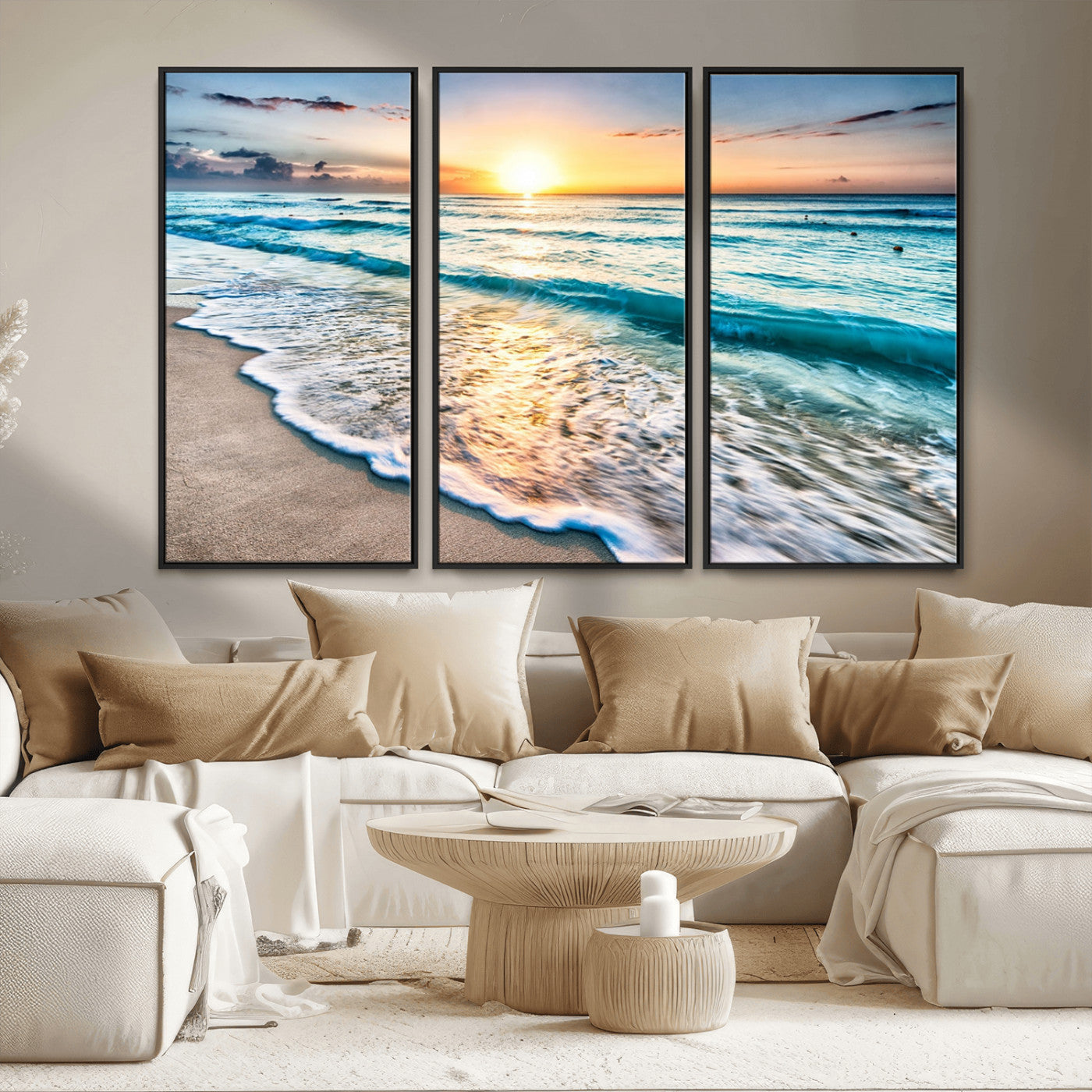 MGV-FC-48X32-3P - Sunset Beach Waves Canvas Wall Art – 5-Panel Ocean Sunset Print – Coastal Decor for Living Room or