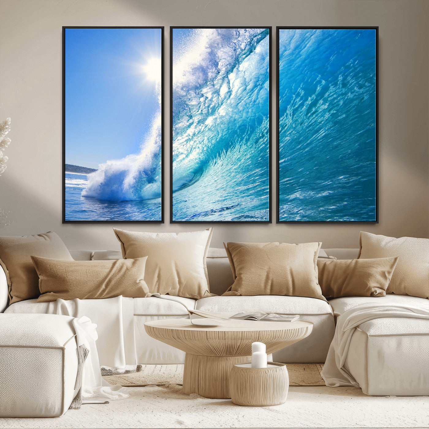 MGV-FC-48X32-3P - Blue Big Wave Surfing Ocean Canvas Wall Art Artwork Print , Surf Wall Art, Sea Wall Art