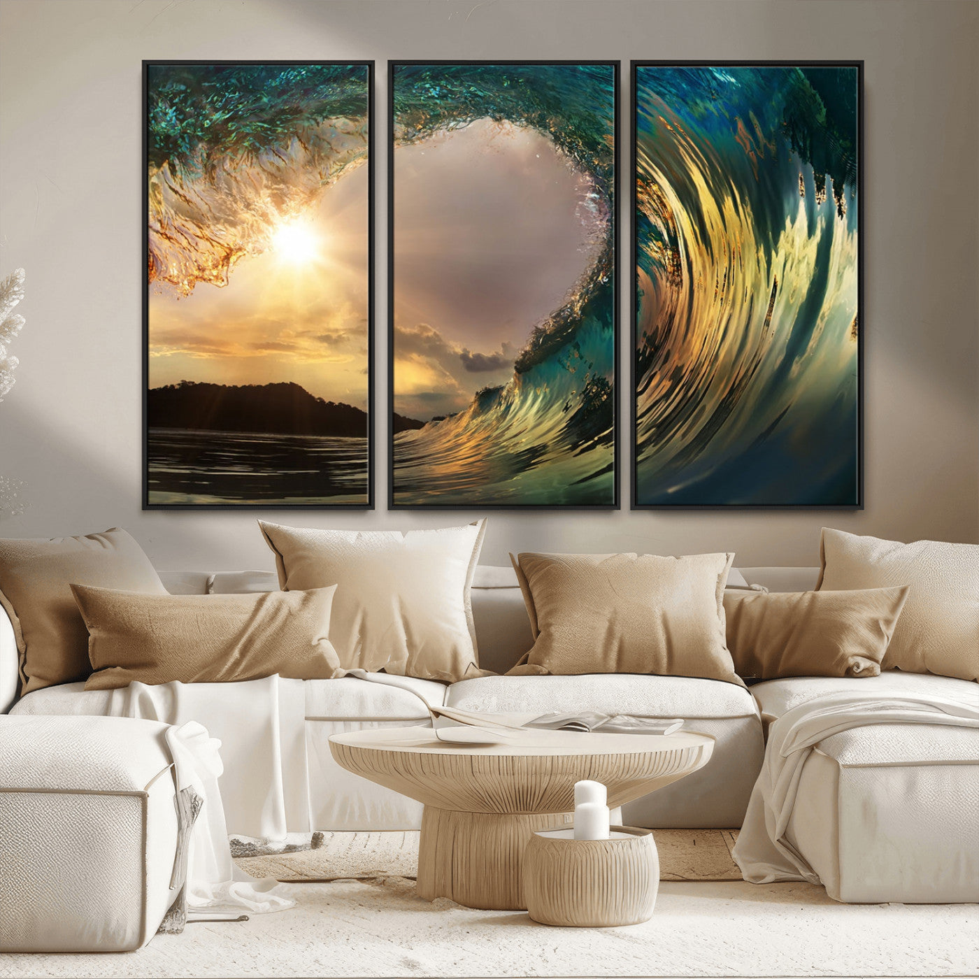 MGV-FC-48X32-3P - Golden Wave Sunset Giclee Canvas Print – Large Coastal Wall Art for Nature Lovers, Captivating Ocean Wave Decor