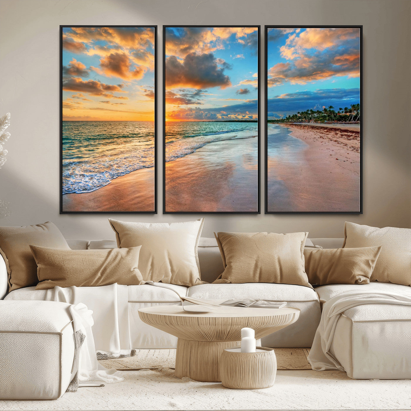 MGV-FC-48X32-3P - Sunset Beach Canvas Wall Art – Tropical Triptych Seascape Print – Coastal Ocean Decor for Living