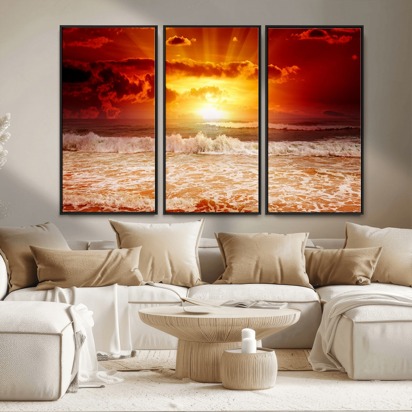 MGV-FC-48X32-3P - Red Sunset Ocean Beach Canvas Wall Art Beach Canvas, Coastal Sunset Print