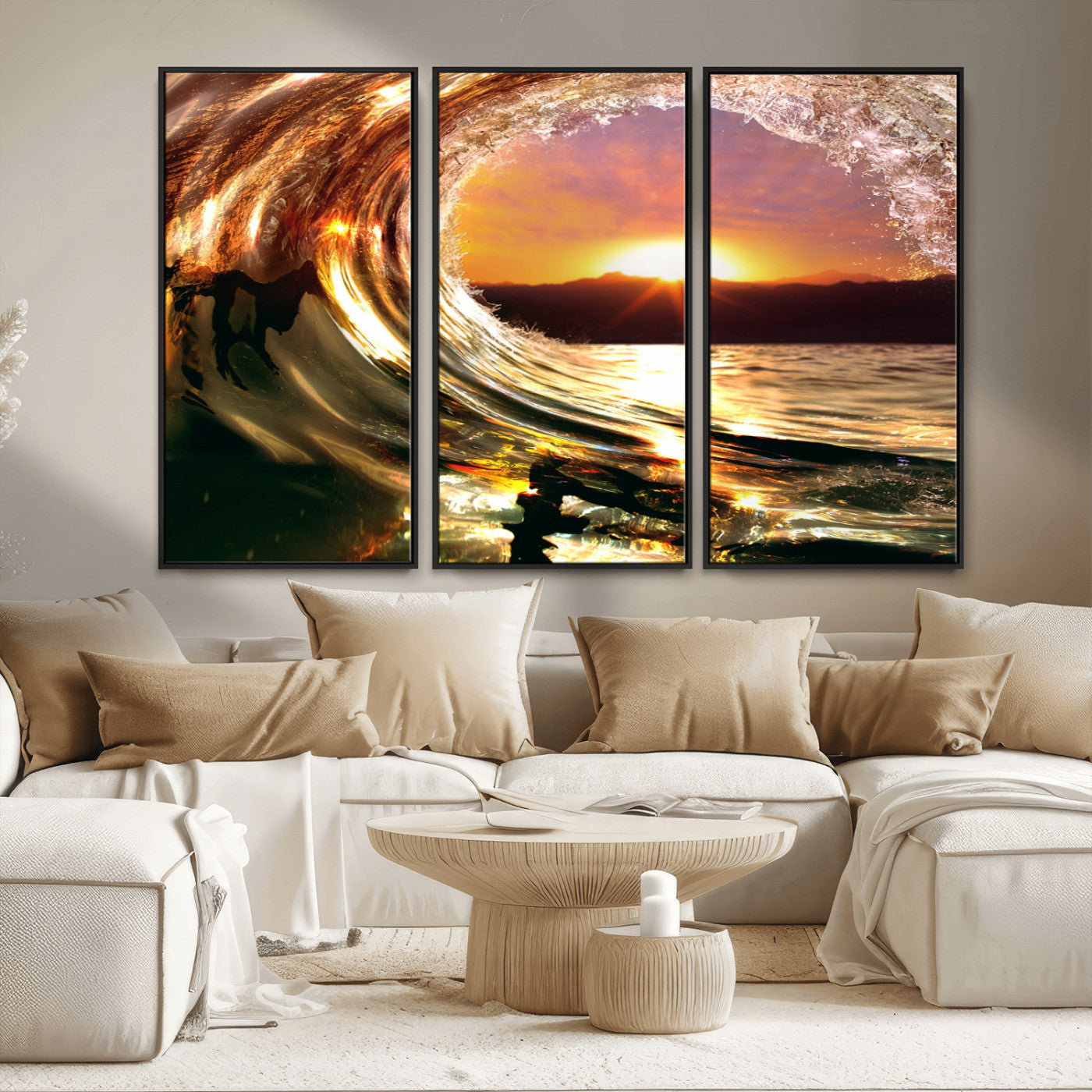 MGV-FC-48X32-3P - Golden Wave Sunset Triptych Canvas Art, Giclee Canvas Print of Ocean Wave and Sunset, Framed Ocean